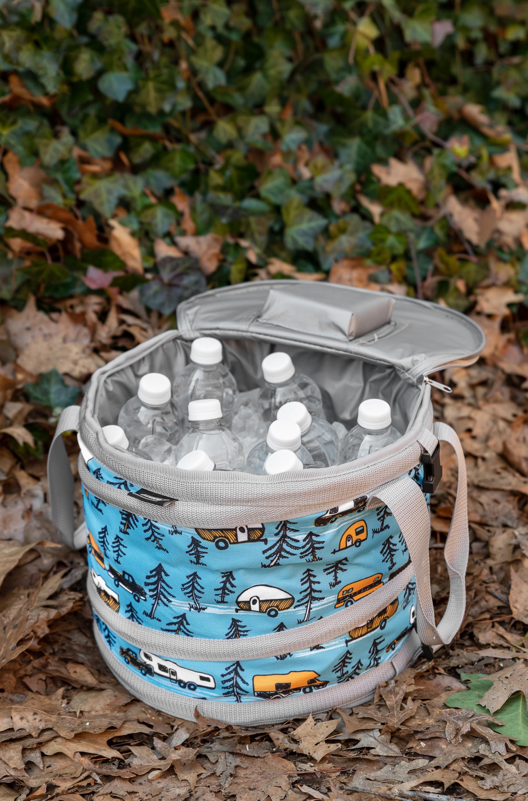 Camco Pop-Up Soft Cooler Life is Better at The Campsite - Features a Water-Resistant Interior, Built-in Bottle Opener, and RV Sketch Design - Holds Up to a 12-Pack of Bottled or Canned Drinks (53417)