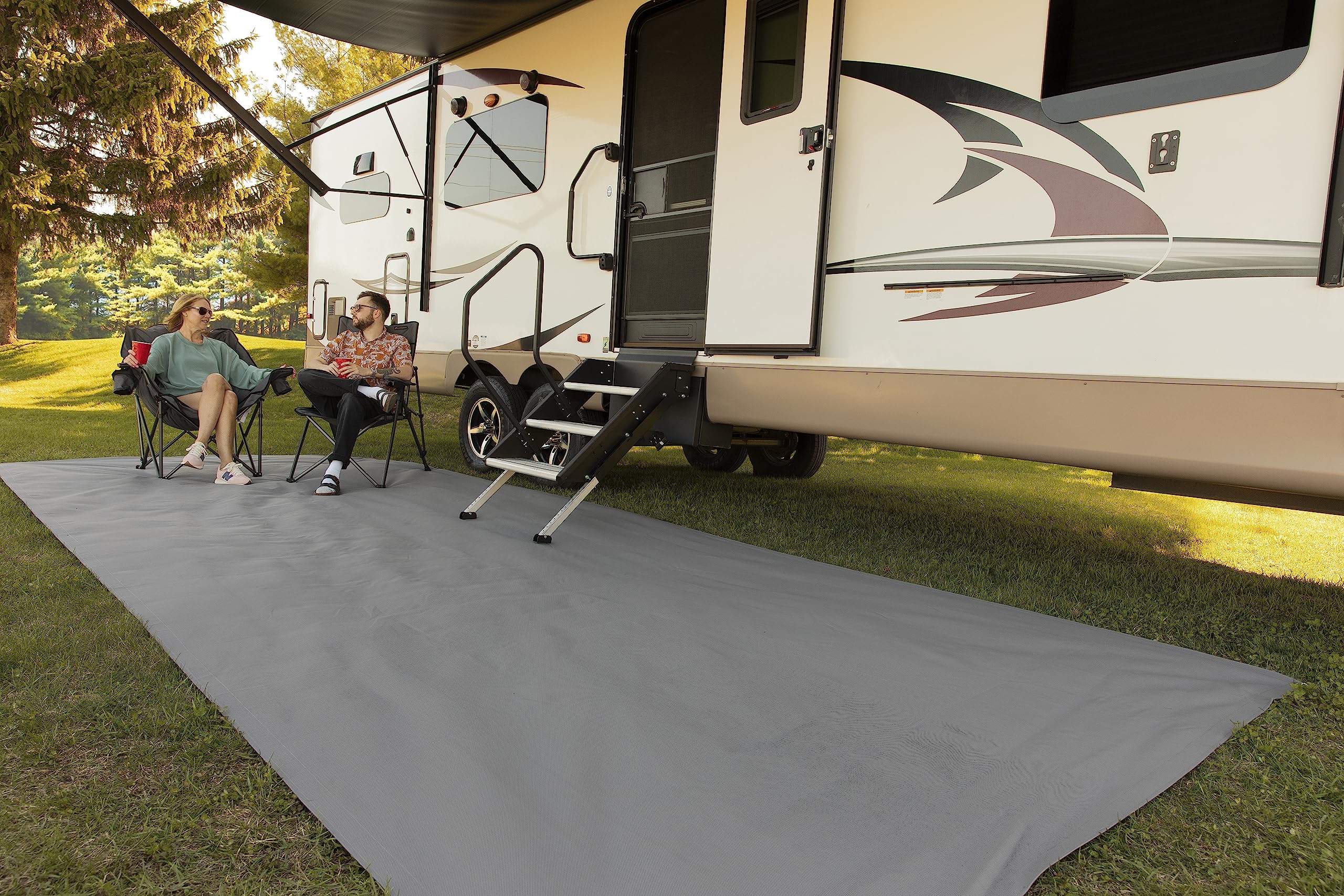8' x 20' Blue Lippert All-Weather Outdoor Patio Rug for RVs and Campers with Polyvinyl Fabric, Tight Weave, Finished Edges, Reinforced Corners, Resistant to Fading - 2022115671