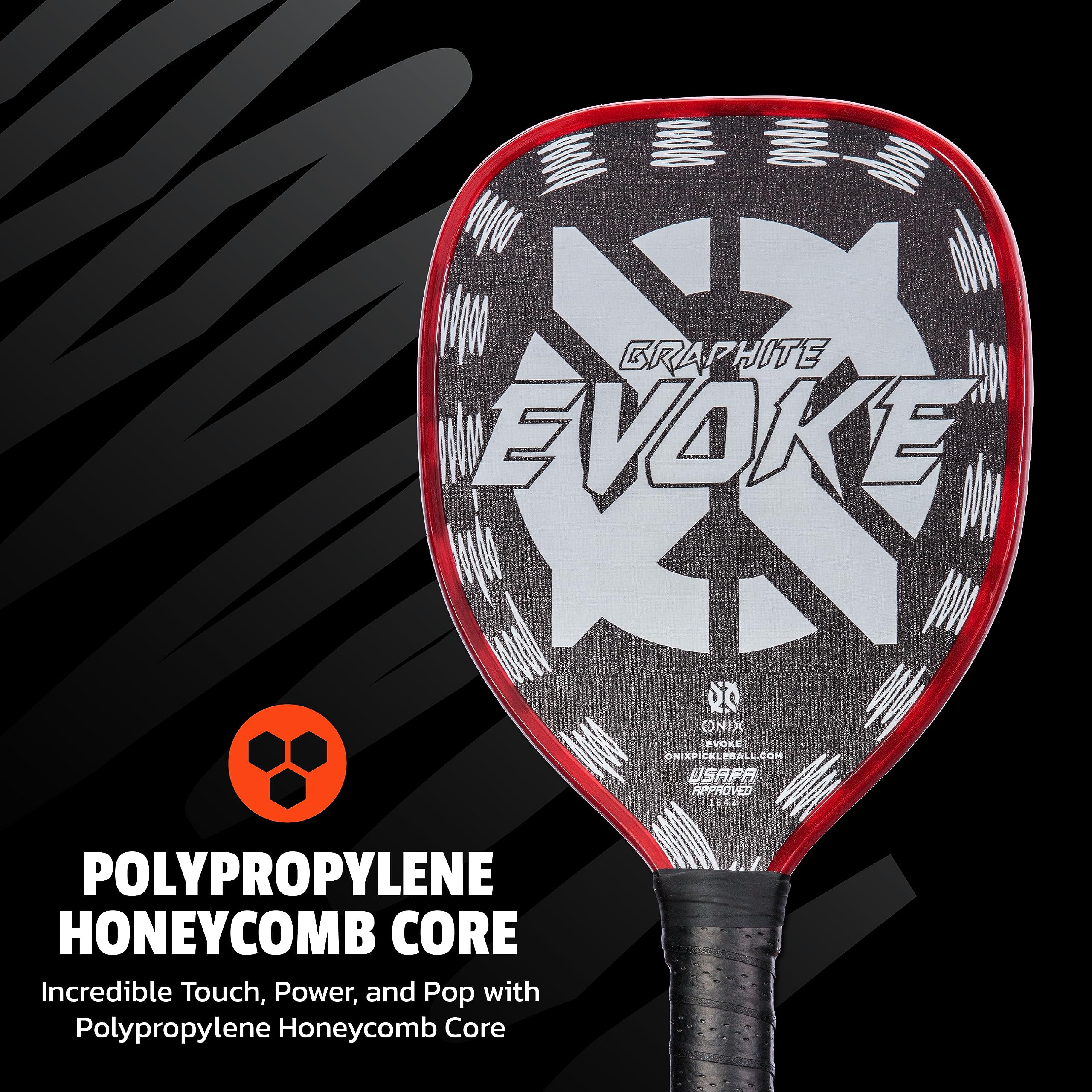 Graphite Onix Evoke Tear Drop Pickleball Paddle Features Tear Drop Shape, Polypropylene Core, and Graphite Face, White
