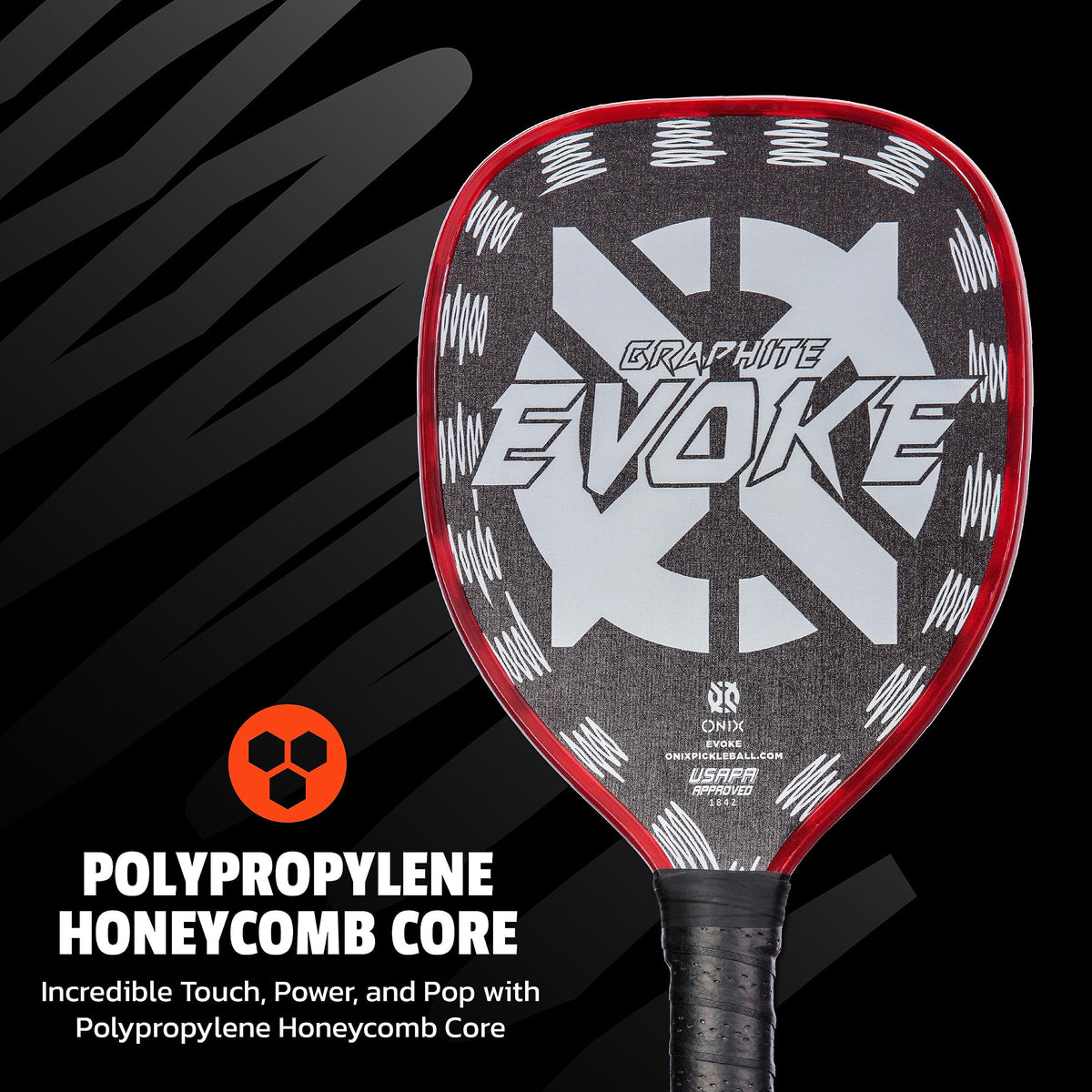 Graphite Onix Evoke Tear Drop Pickleball Paddle Features Tear Drop Shape, Polypropylene Core, and Graphite Face, White