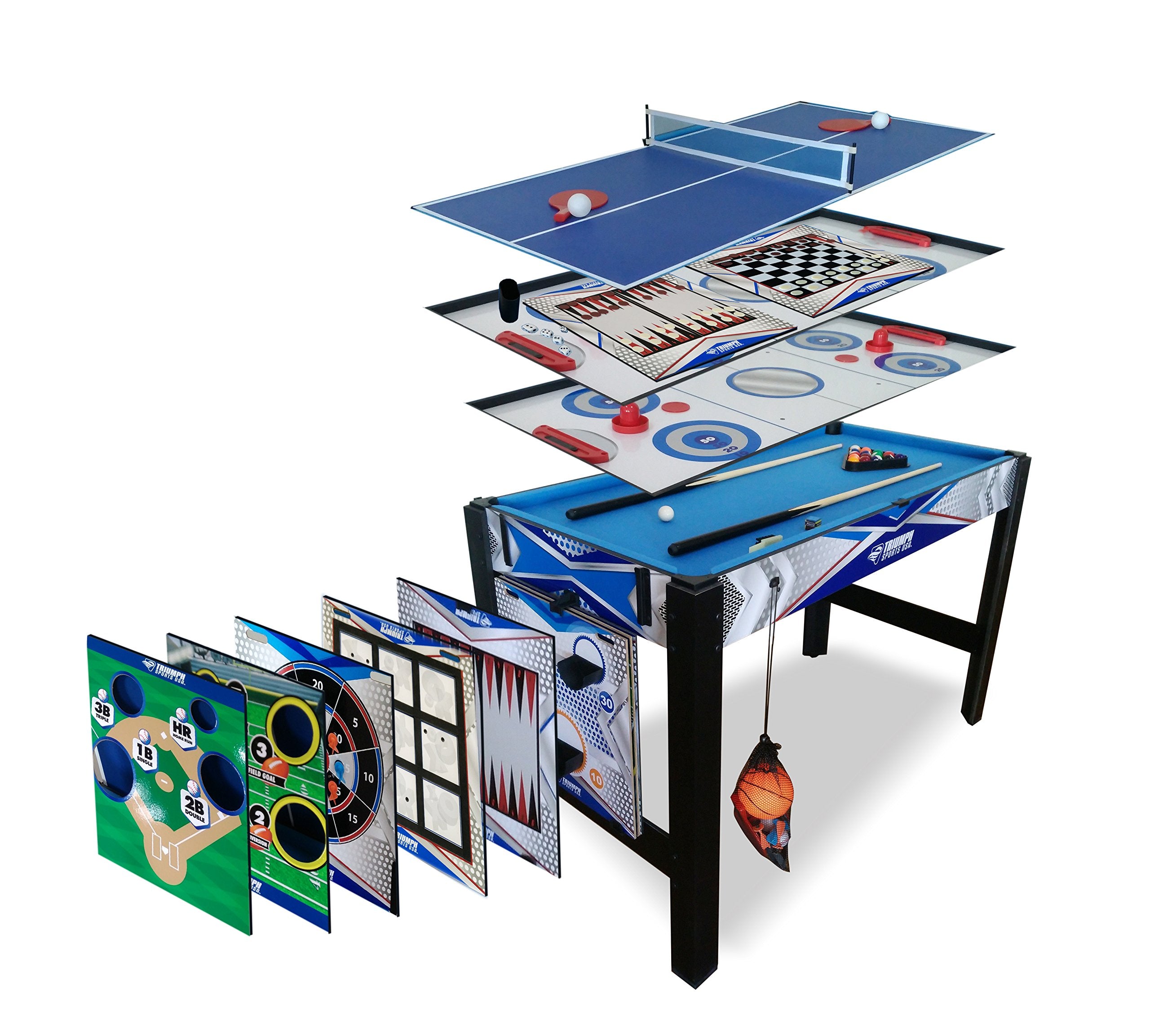 Triumph 13-in-1 Combo Game Table Triumph Includes Basketball, Table Tennis, Billiards, Push Hockey, Launch Football, Baseball, Tic-Tac-Toe, and Skee Bean Bag Toss