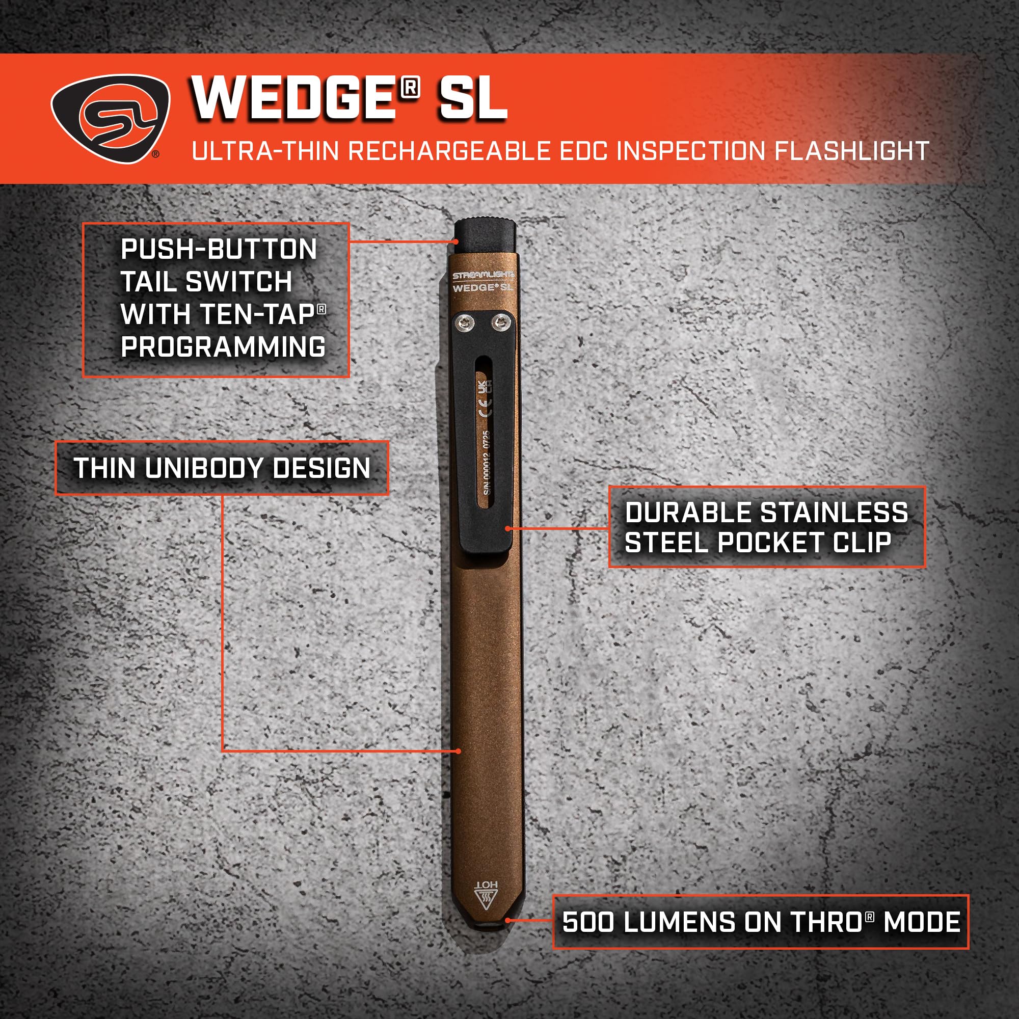 Wedge SL Streamlight 88841 500-Lumen Max 100-Lumen Standard 1,600-Candela Ultra-Thin Rechargeable EDC Inspection LED Flashlight, Coyote