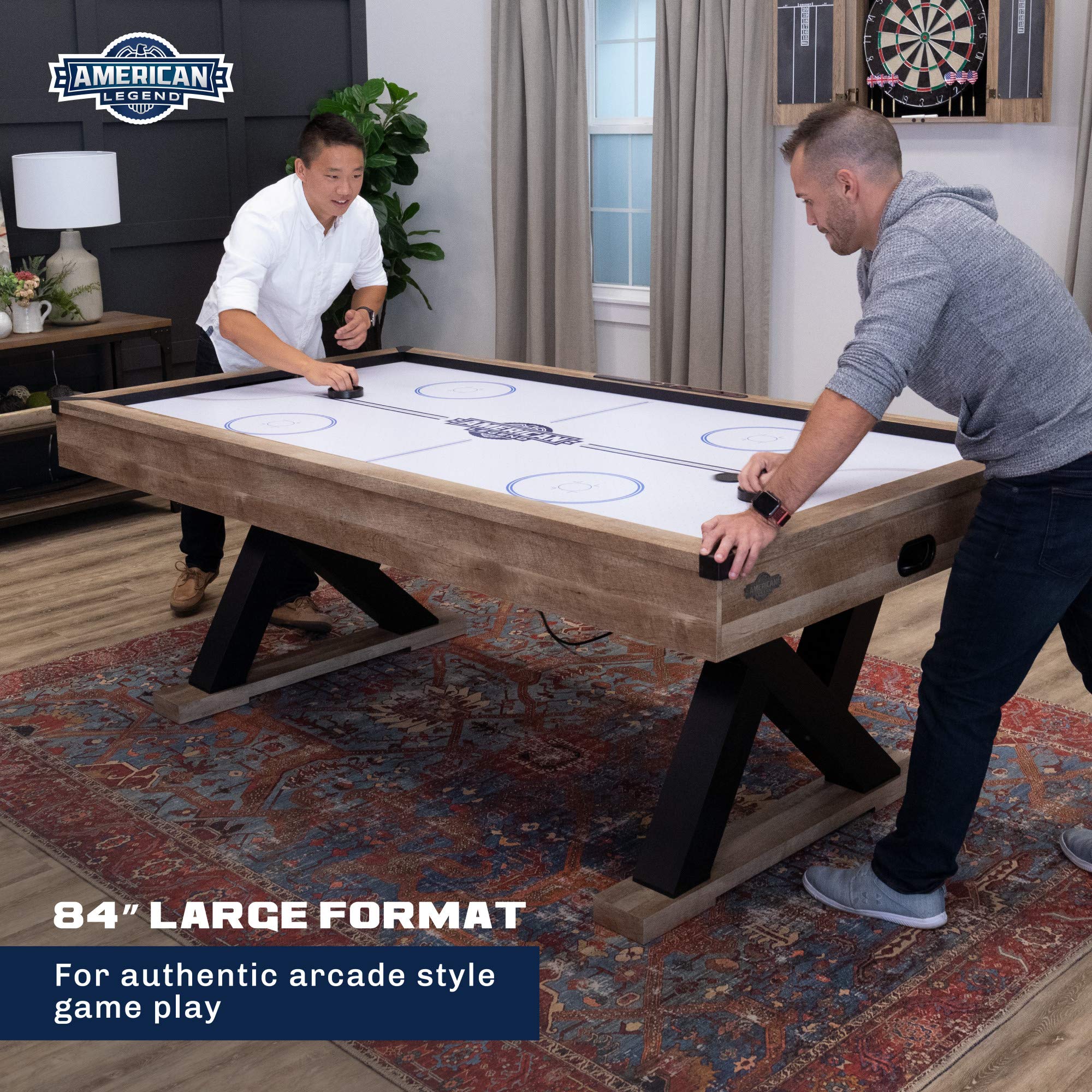 Kirkwood American Legend 84” Air Powered Hockey Table with Rustic Wood Finish, K-Shaped Legs and Modern Design