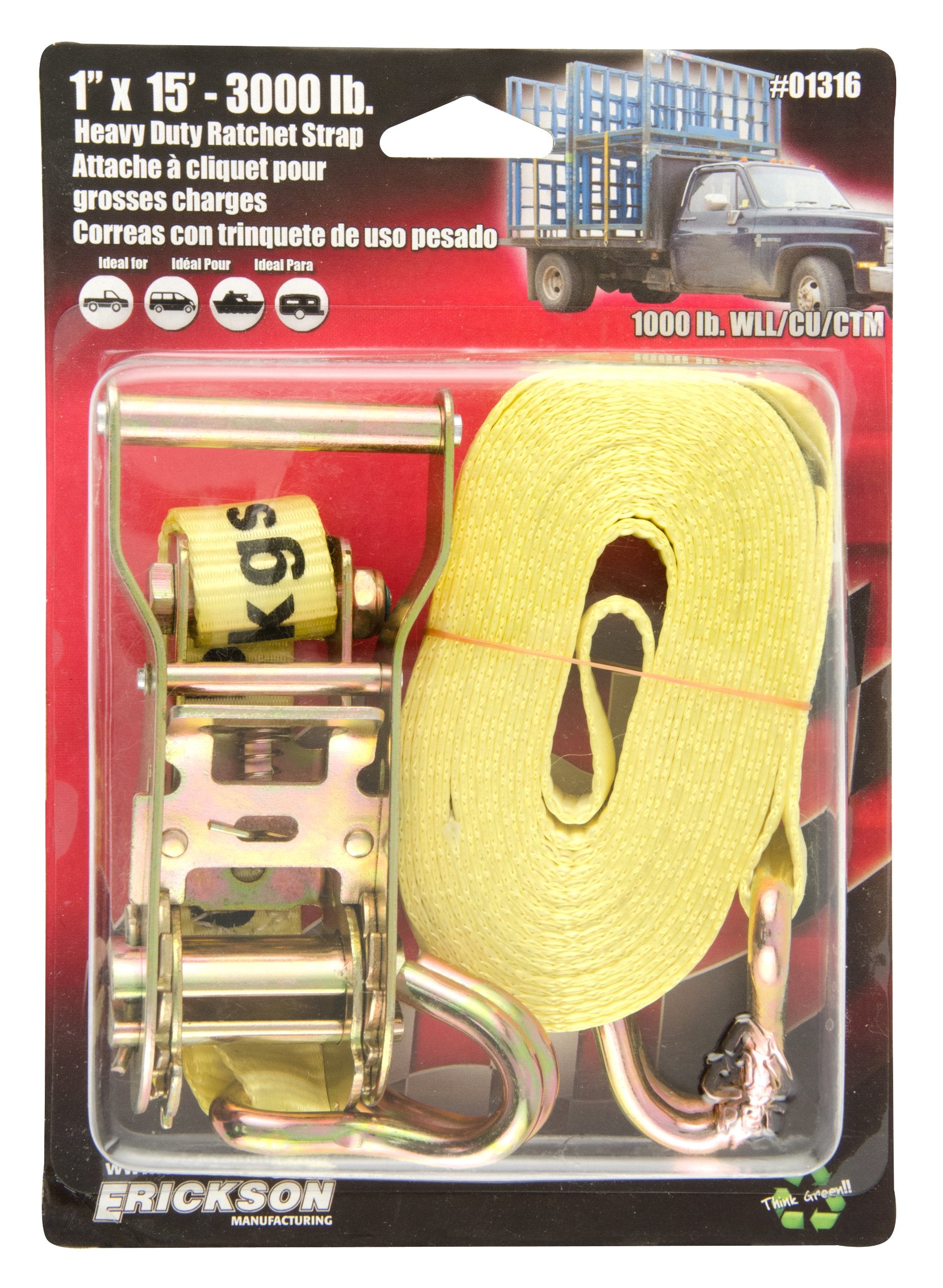 1" x 15' Heavy Duty Ratcheting Tie-Down Strap Erickson 01316 Yellow