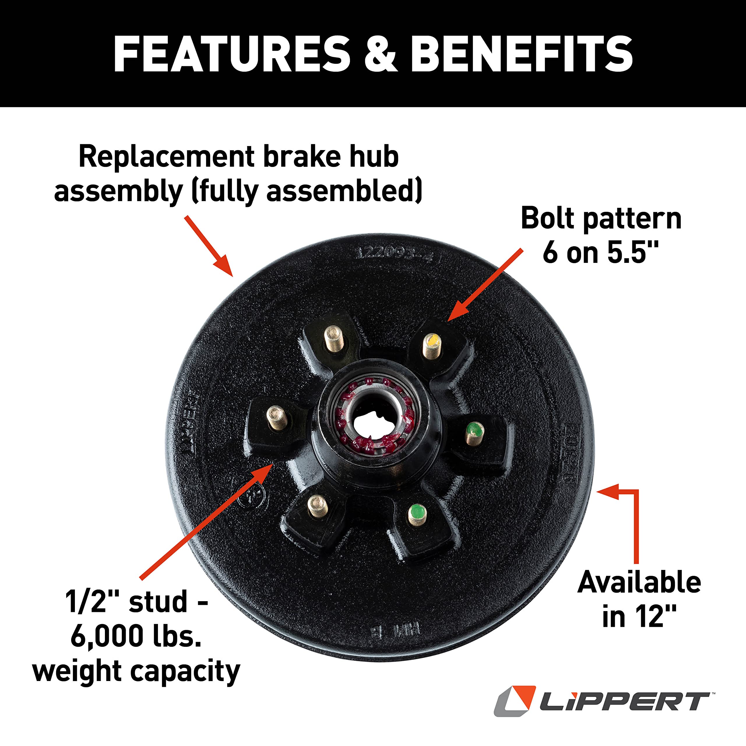 12" Lippert Replacement Brake Hub Drum Assembly for RVs with 6,000 lb. Axle; 6 on 5.5" Bolt Pattern; 1/2" Studs; Fully Assembled with Bearing Cones, Seals, Grease, Limited 1-Year Warranty - 814202