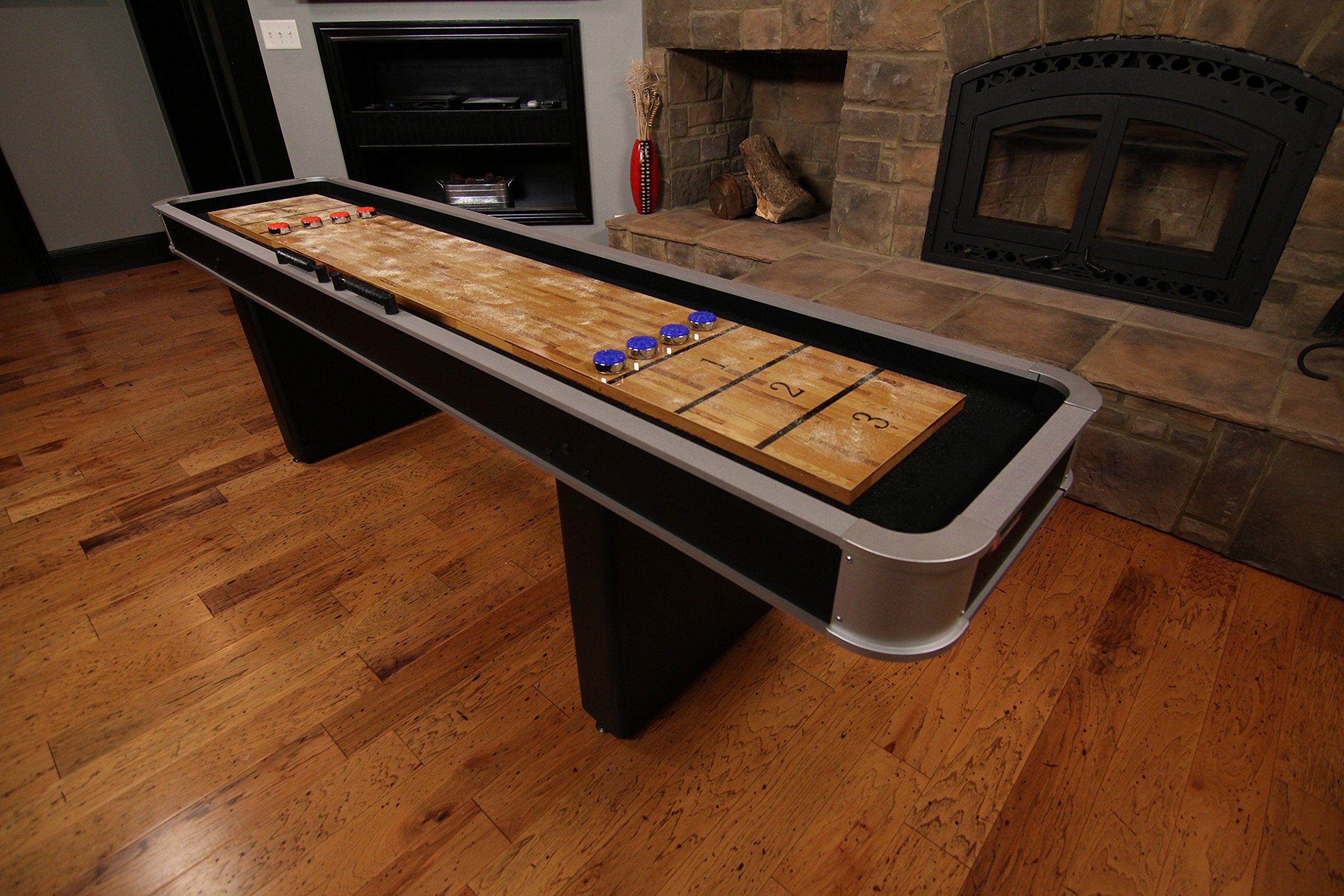 9’ Atomic Shuffleboard Table with Poly-Coated Playing Surface for Smooth, Fast Puck Action and Pedestal Legs with Levelers for Optimum Stability and Level Play