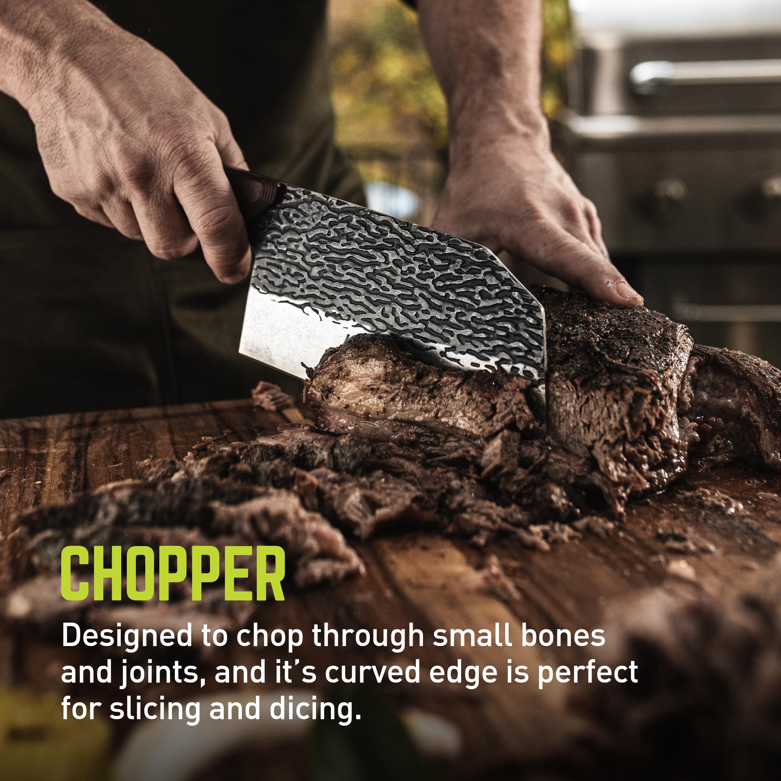 PrimalForge TRUE Chopper Knife | Easy Chopping, Home & Professional Use, Sharp 5Cr15MoV Stainless Steel Blade, Wood Handle, Hand Forged Appearance, Hand Wash Only