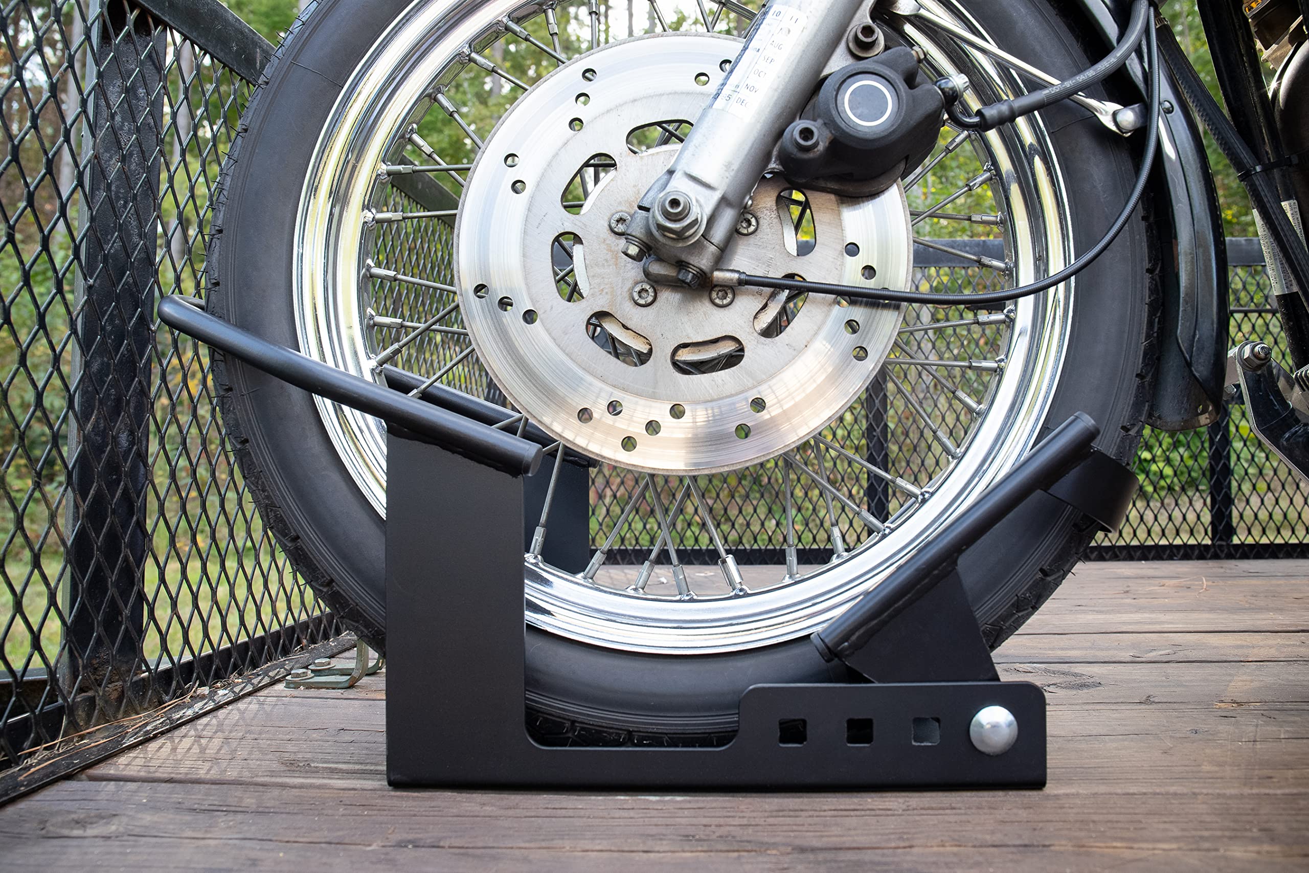 Motorcycle Wheel Chock Camco for Trailer - Includes Handlebar Straps & Mounting Hardware - Keep Your Motorcycle Upright During Transit - Mountable to Trailer or Truck Bed - Universal Tire Fit (66100)