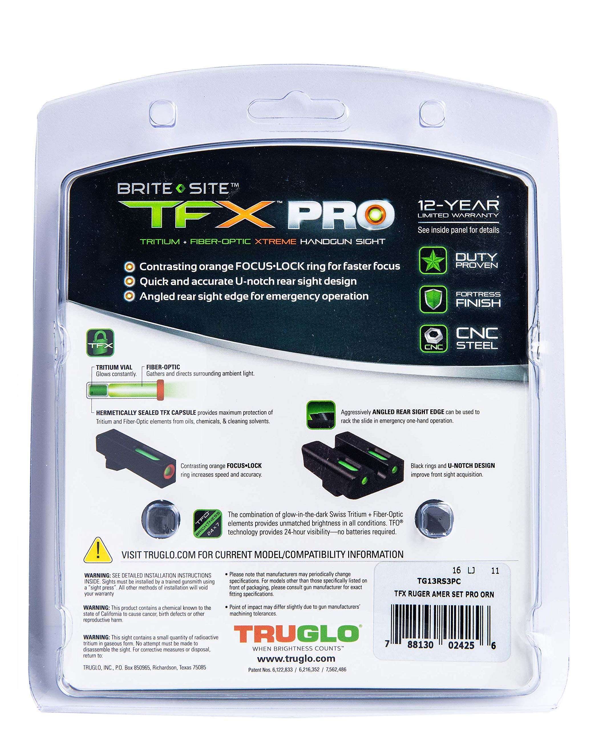 TRUGLO TFX Pro Xtreme Hangun Sights for Ruger Pistols, Ruger American 9mm & .45 Tritium and Fiber Optic