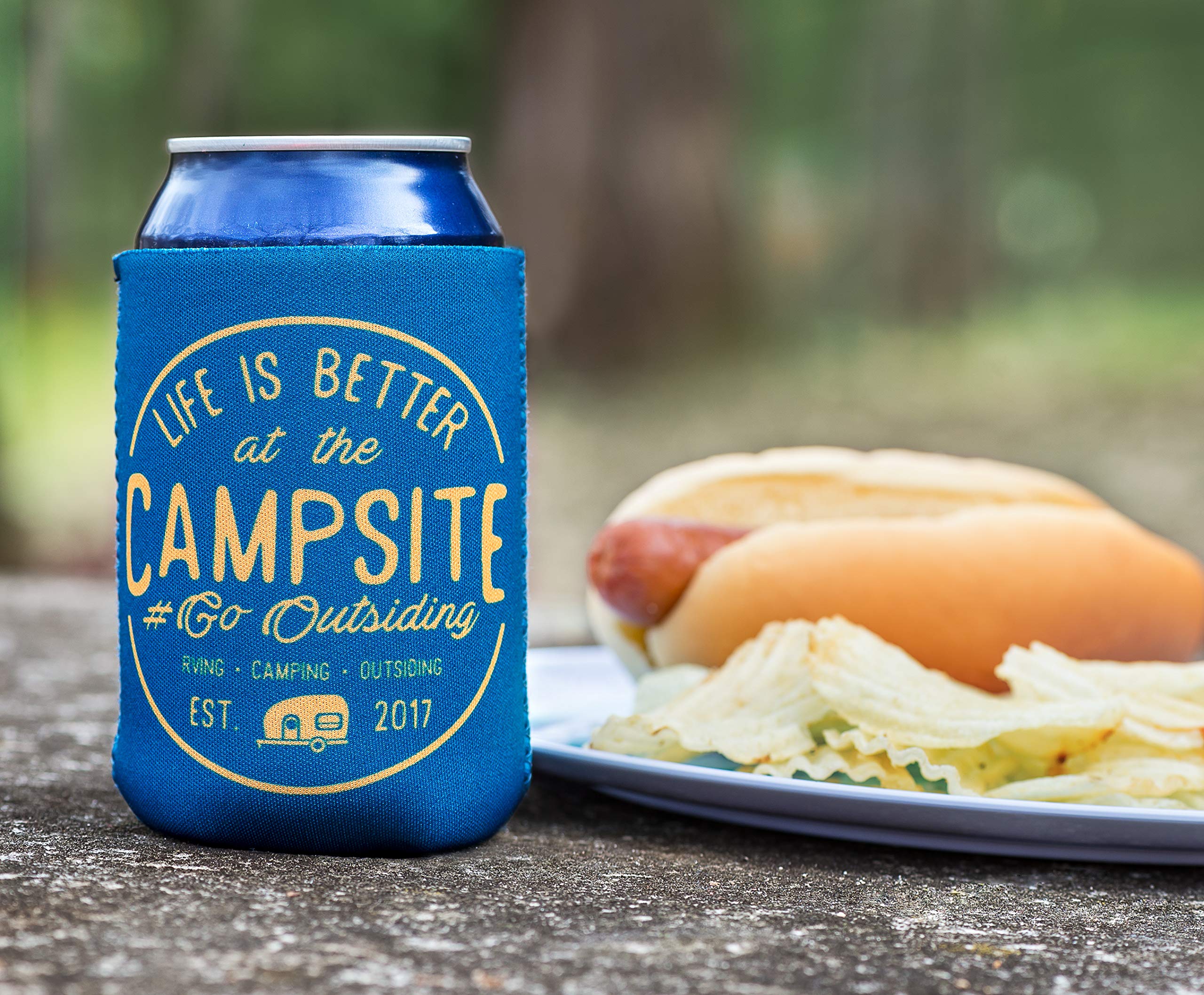 Camco Sleeve Life is Better at The Campsite – Neoprene Soda or Beer Coolie, Fits 12 oz. Cans, Navy Blue and Gold Seal – (53247)