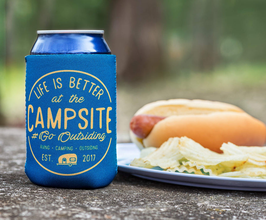 Camco Sleeve Life is Better at The Campsite – Neoprene Soda or Beer Coolie, Fits 12 oz. Cans, Navy Blue and Gold Seal – (53247)