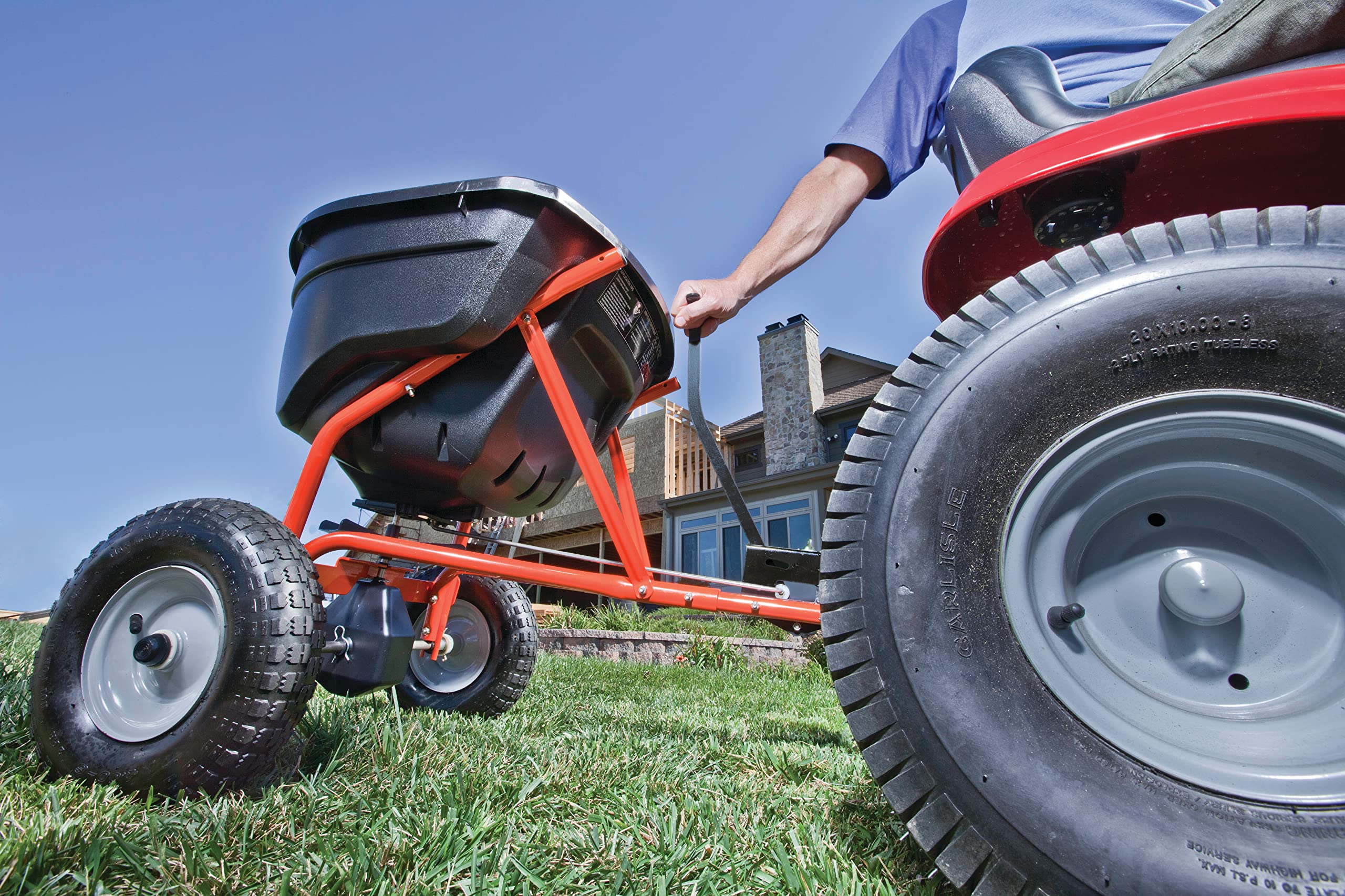 Tow-Behind Agri-Fab 45-0463 130 lb. Lawn & Garden Broadcast Spreader for Seed,Fertilizer,Salt,Ice Melt; Easy to use Flow Control from Seat of Riding Lawn Mower