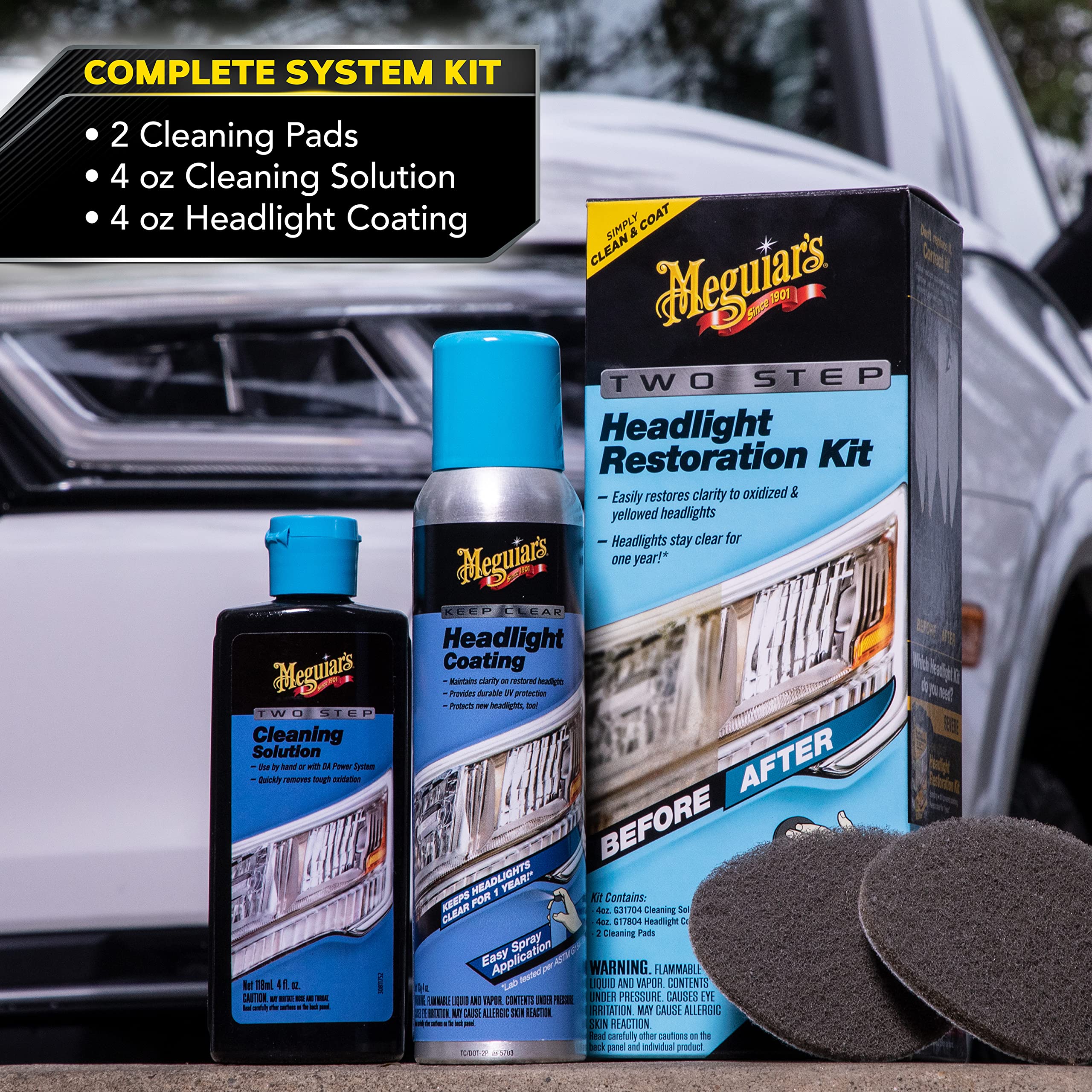 Meguiar's Headlight Restoration Kit Two Step, Headlight Cleaner Restores Clear Car Plastic and Protects from Re-Oxidation, Includes Headlight Coating and Cleaning Solution - 4 Count (1 Pack)