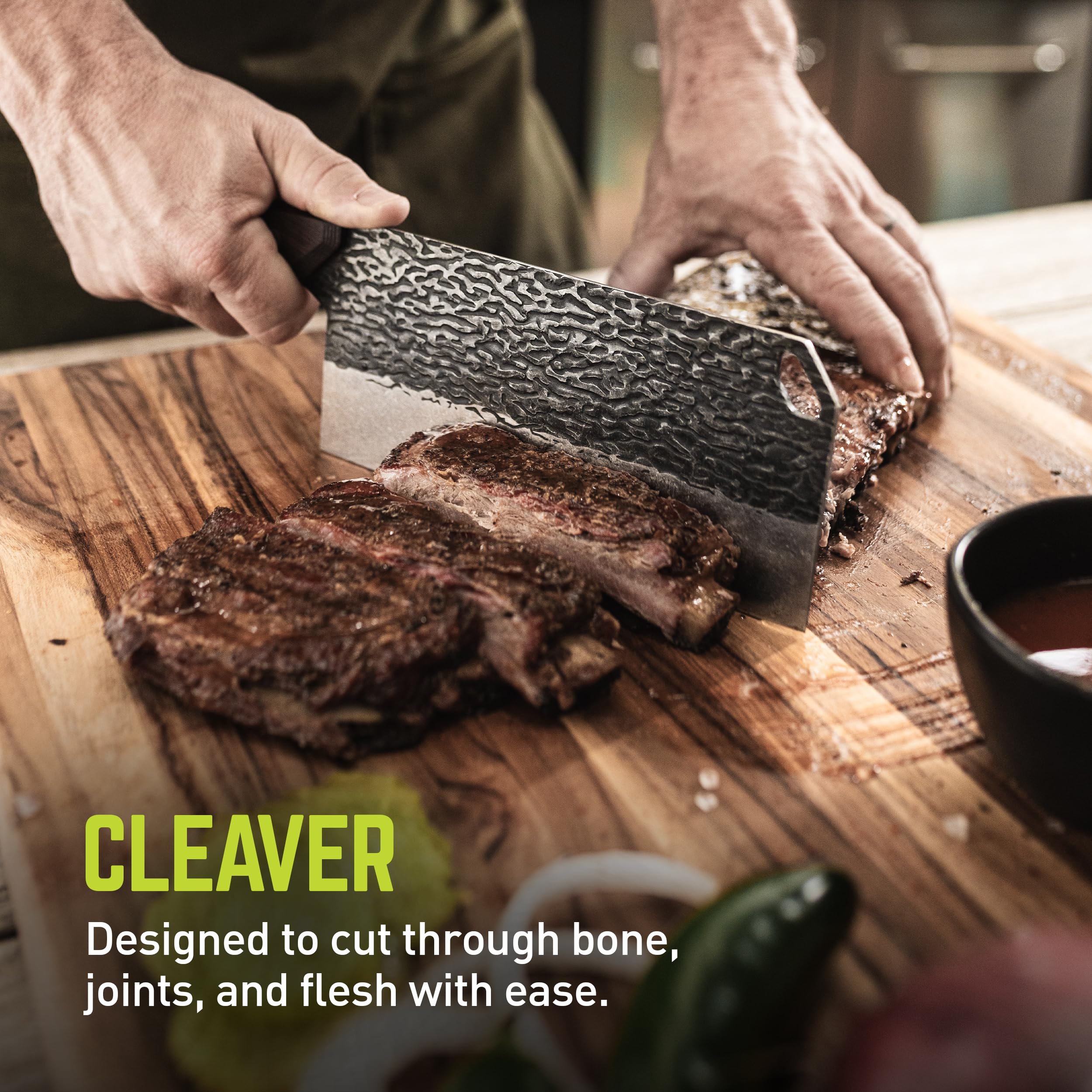 PrimalForge TRUE Cleaver Knife | Cutting Meat, Chopping Fruits & Vegetables, Home & Professional Knife, Rugged Stonewash Finish, Sharp 5Cr15MoV Stainless-Steel, Wood Handle, Hand Forged Appearance