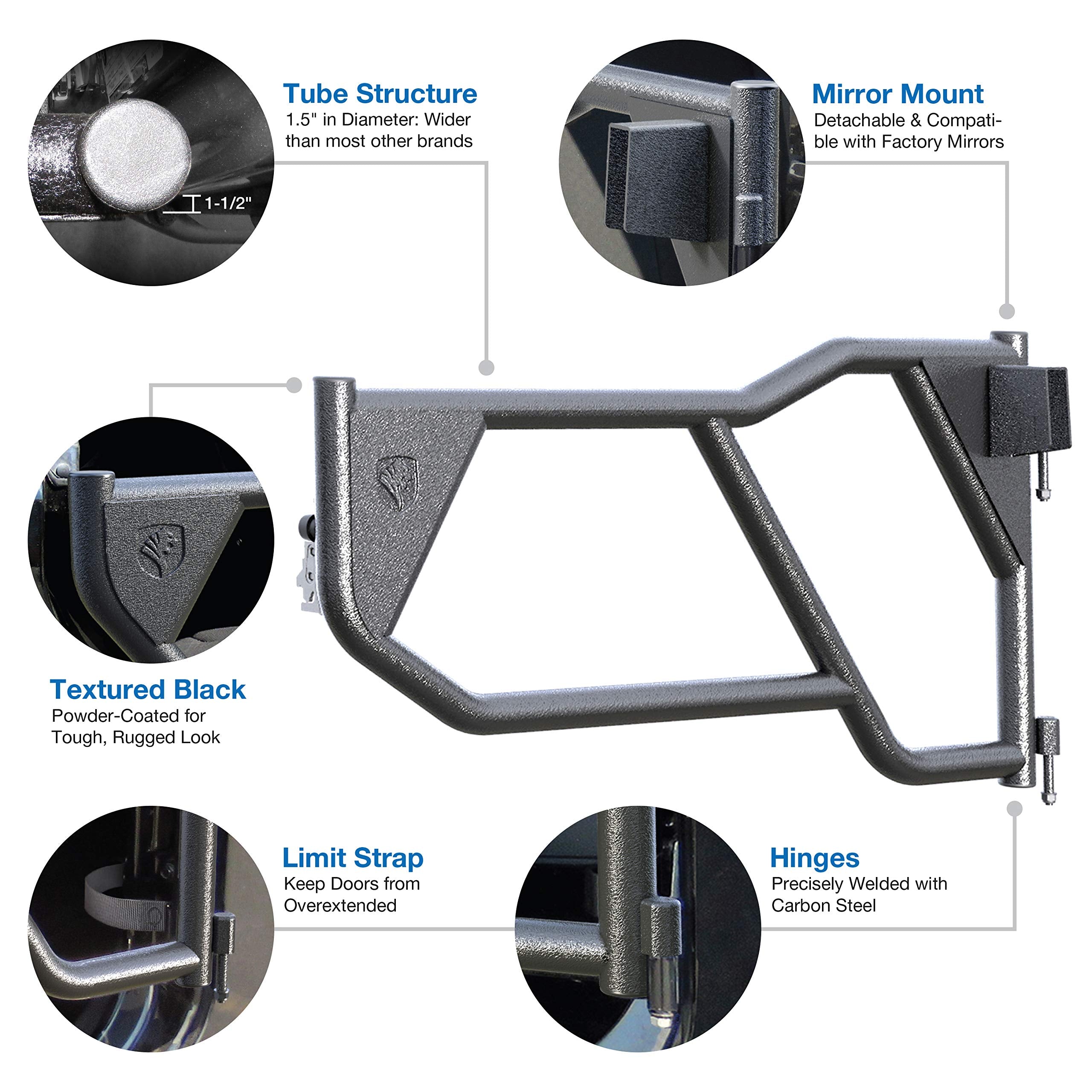 Tyger Auto Tubular Doors TG-DR4J62288 Compatible with 2007-2018 Jeep Wrangler JK (NOT JL) 4-Doors | Textured Black | Mirror Mount | Front & Rear Door Set