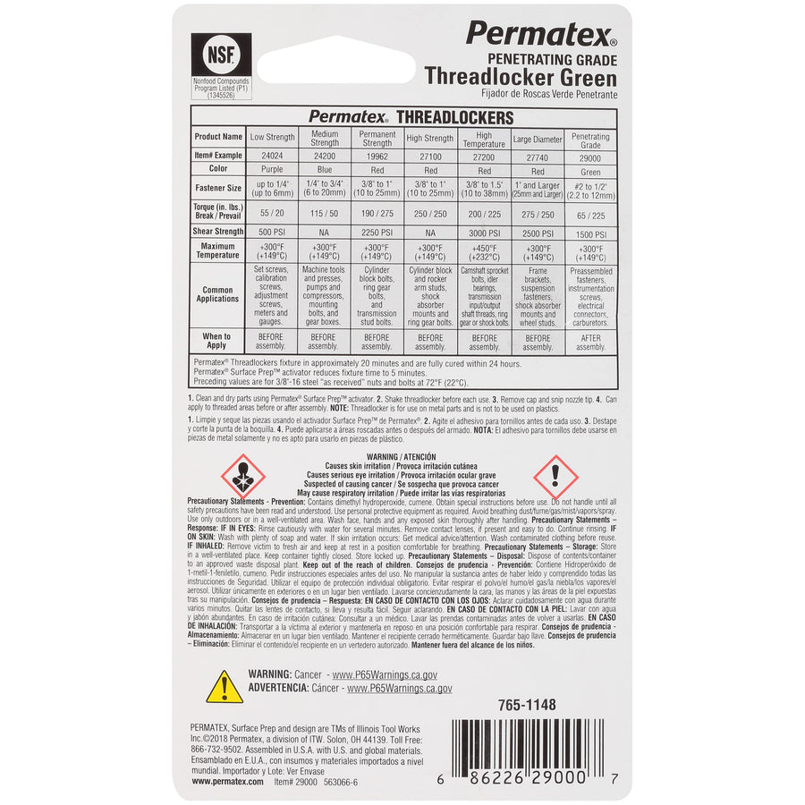 Threadlocker Green Permatex 29000 Penetrating Grade, 6 ml