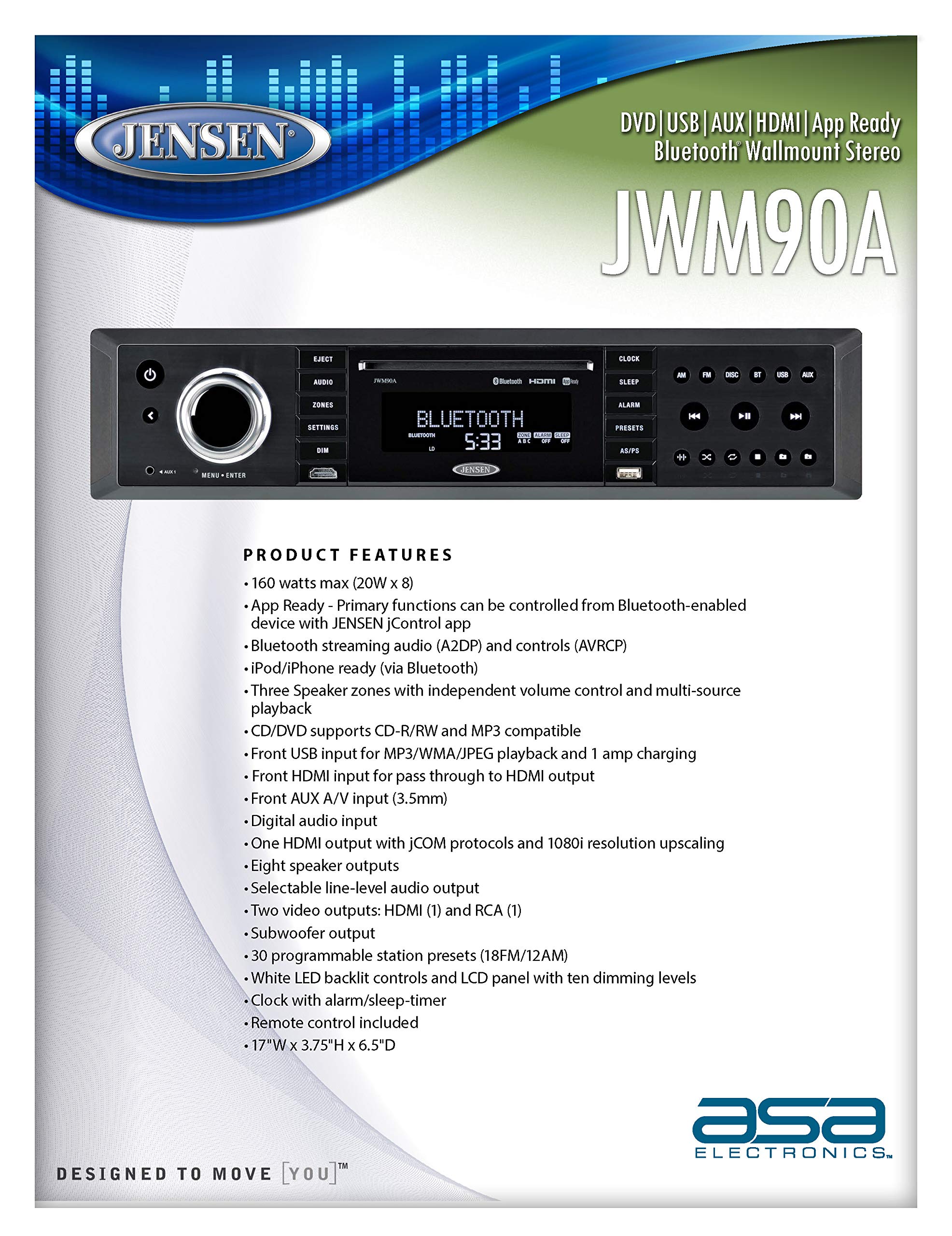 Jensen 3-Zone JWM90A Slimline Theater-Style Bluetooth Wallmount Stereo with App Control, DVD/CD-R/RW & MP3 Compatible, Dual HDMI Video Output, HDMI ARC, USB Play MP3/WMA Files, Rear RCA in/Out