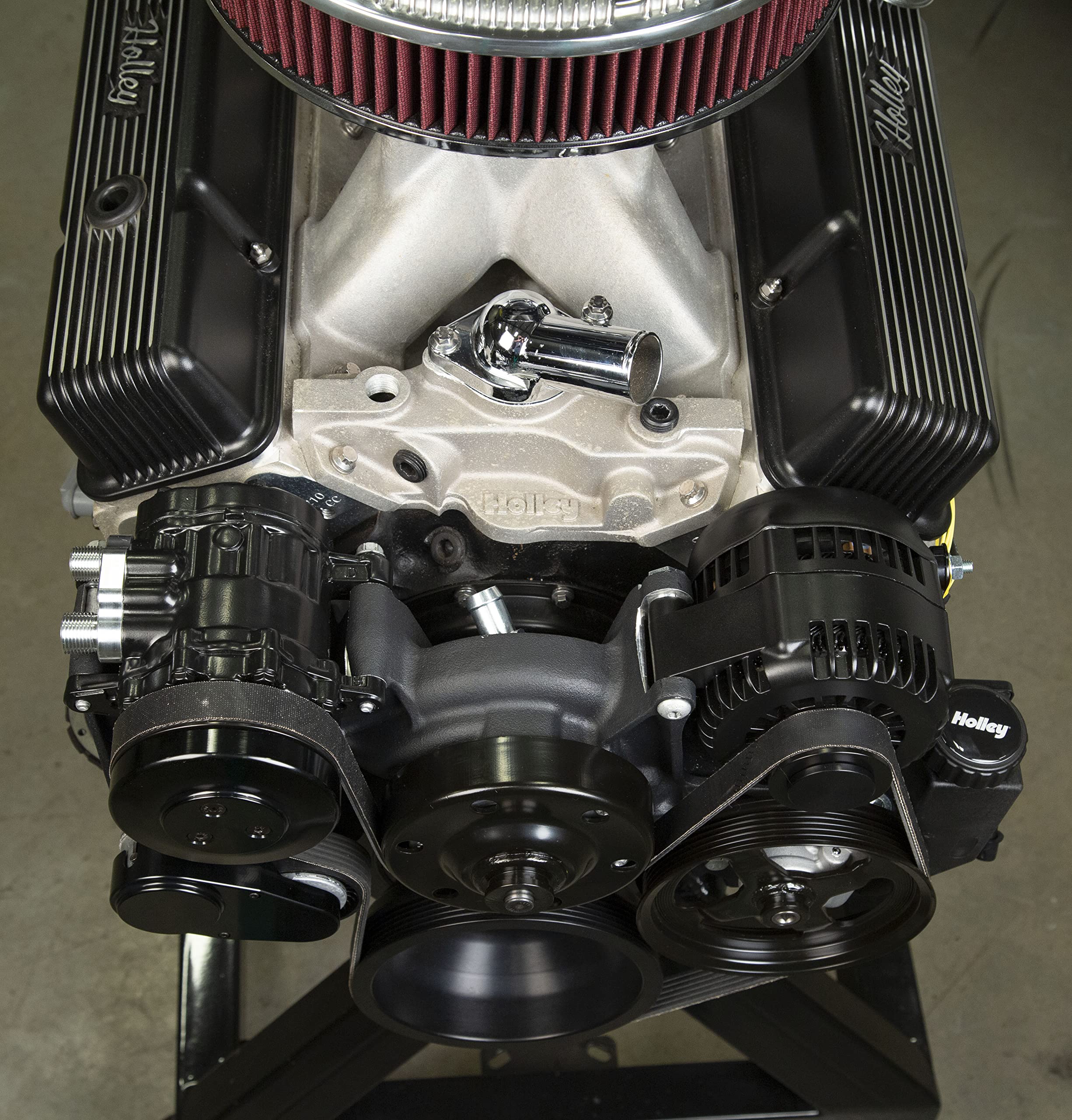 Holley Complete SBC Front Accessory Serpentine Drive Conversion System | Mid-Mount with Water Pump, Alternator, A/C & Power Steering | Fits Small Block Chevy Black Finish 20-240BK