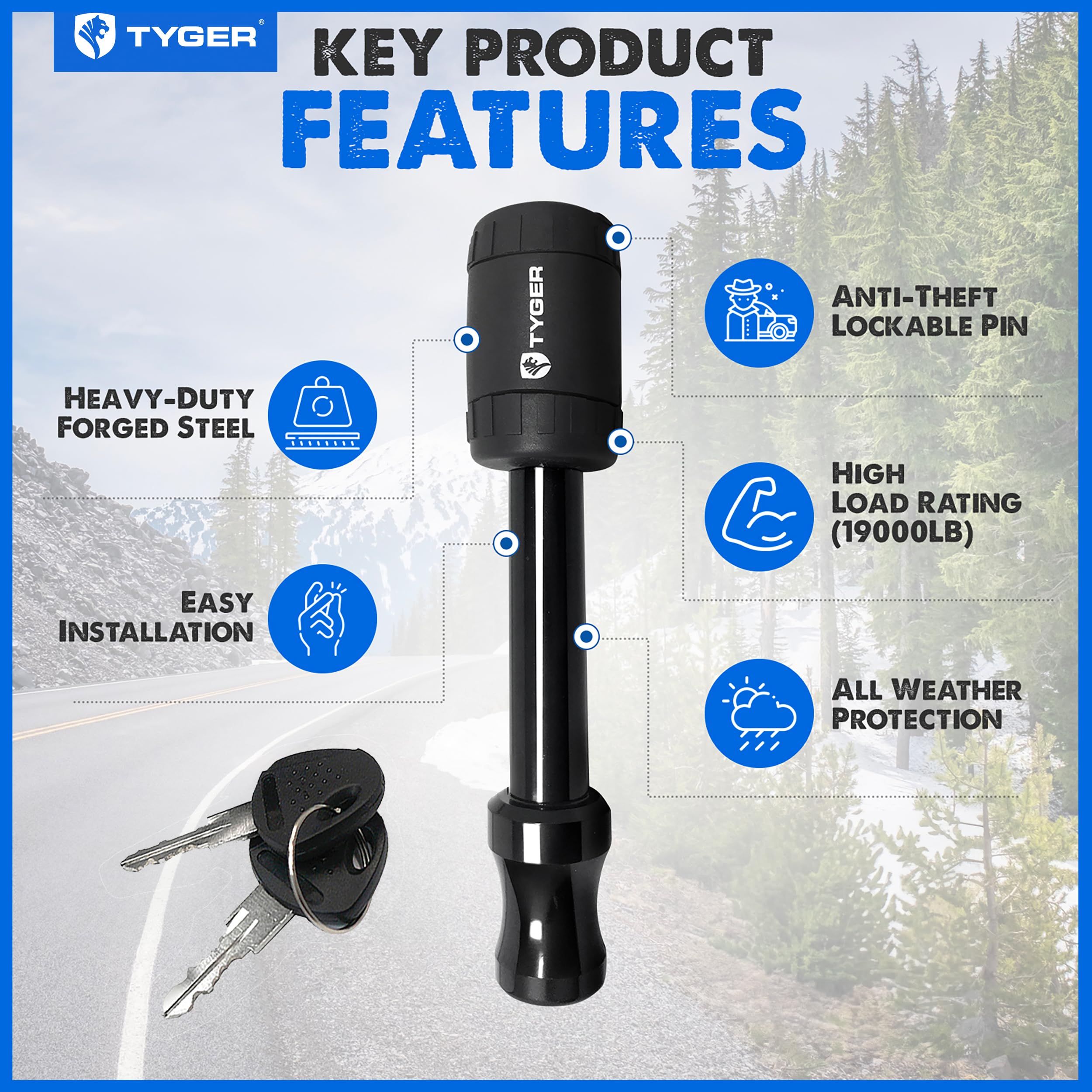 Tyger Auto Trailer Hitch Lock Pin Solid with Locking Key - for 5/8 inch Pin Holes on 2 inch Receivers | Two-Pack Combo | Class III IV V | 19,000 lb Load Rating | TG-HL3U022B | Weatherproof Anti-Theft