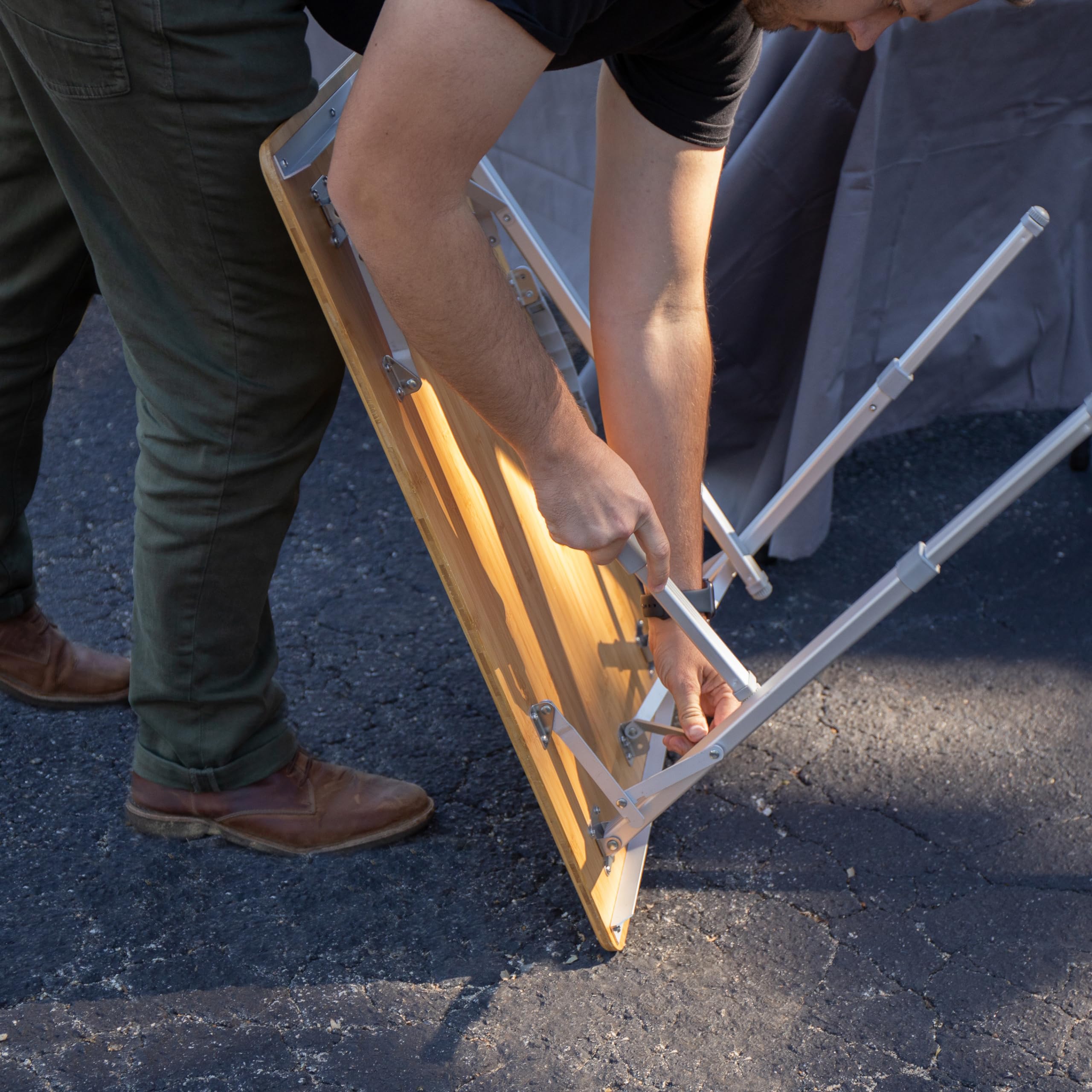 Folding Table Camco | Features Natural Bamboo Top & Folding Aluminum Legs for RV Storage and Organization | Adjustable Height 18” - 26” | Ideal for Tailgating, Camping, RVing, the Beach & More (51893)