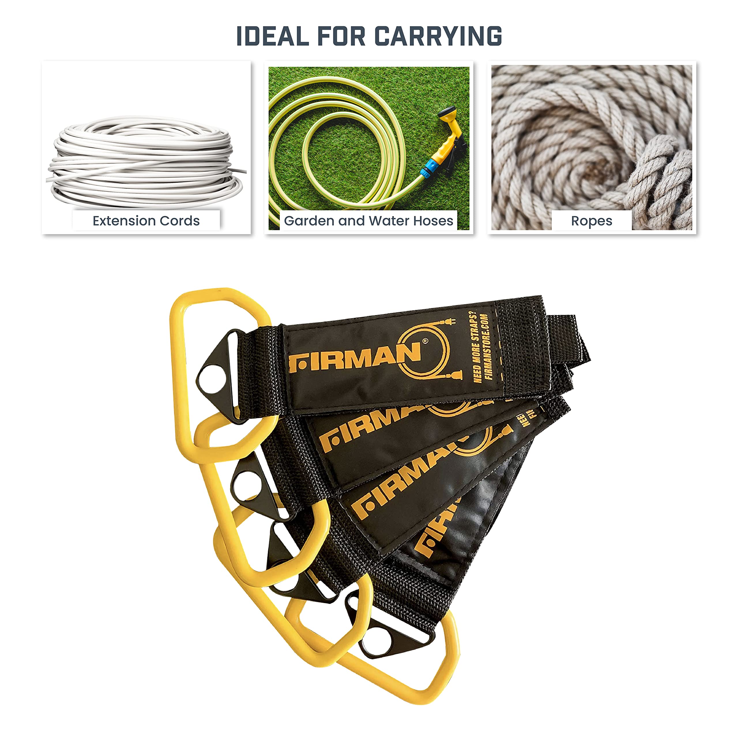 Heavy-Duty Firman Storage Strap with Handle, Cord Organizer with Hook and Loop, Made of Vinyl, Easy-to-Carry, 2" x 6"