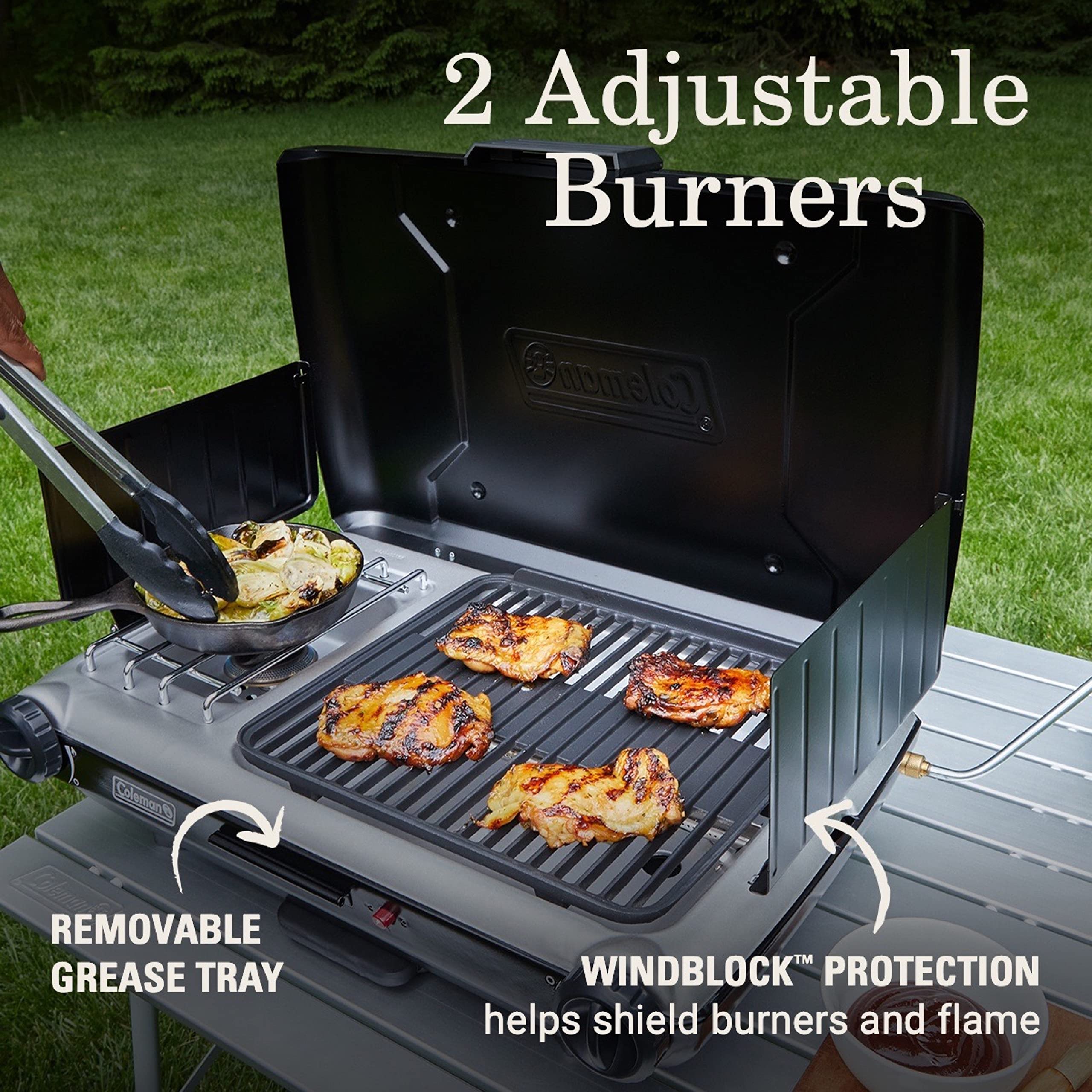 Coleman 2-in-1 Tabletop Grill & Stove with 2 Adjustable Burners, Propane Grill/Stove with Push-Button Starter, Wind Guards, Grease Tray, & 20,000 BTUs of Power for Camping, Tailgating, & More