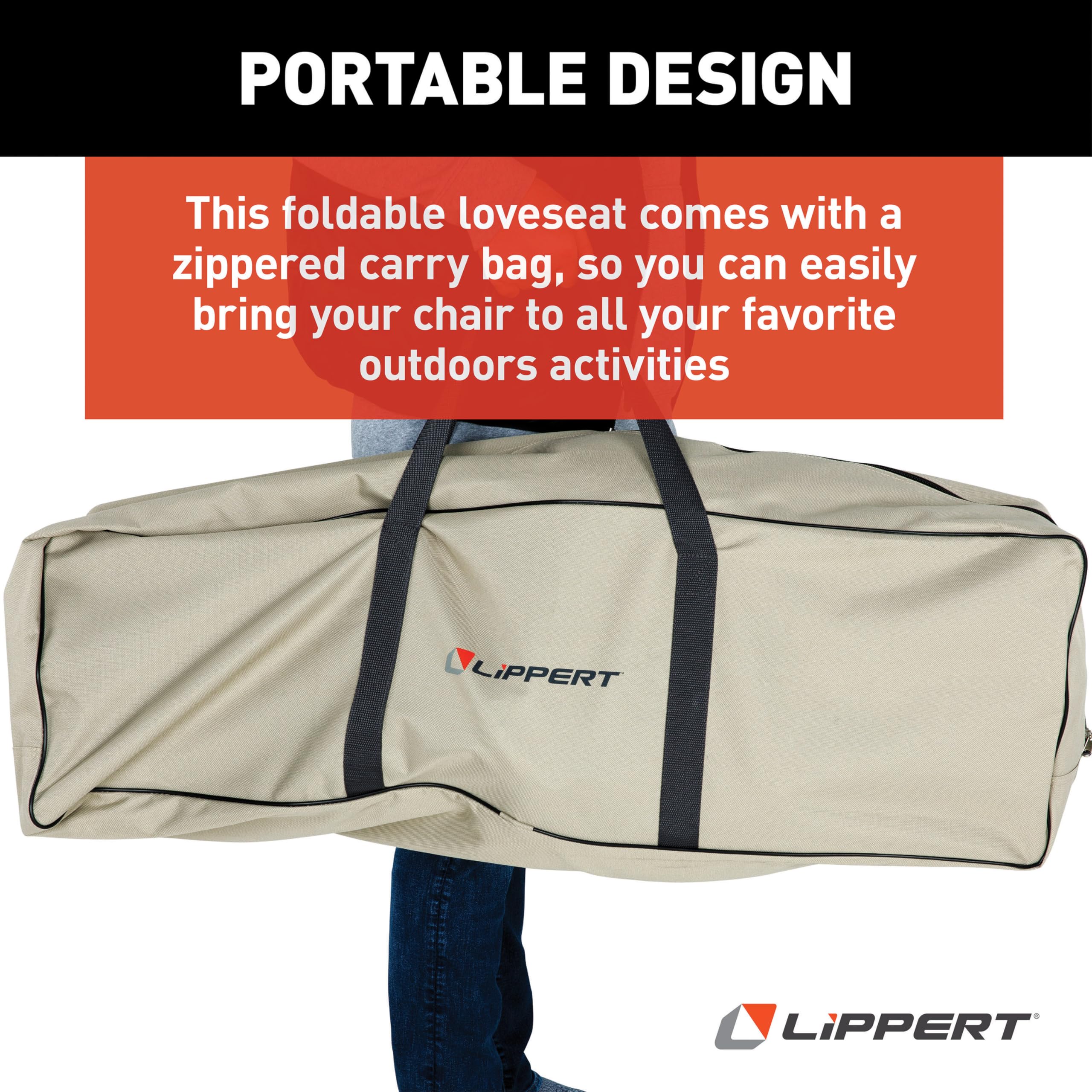 Lippert Big Bear Folding Camping Loveseat with 500-lb. Weight Capacity, Durable Mesh Fabrics, High-Loft Cushioning, Dual Cupholders, Storage Pocket, Zippered Carrying Bag - 2023053718