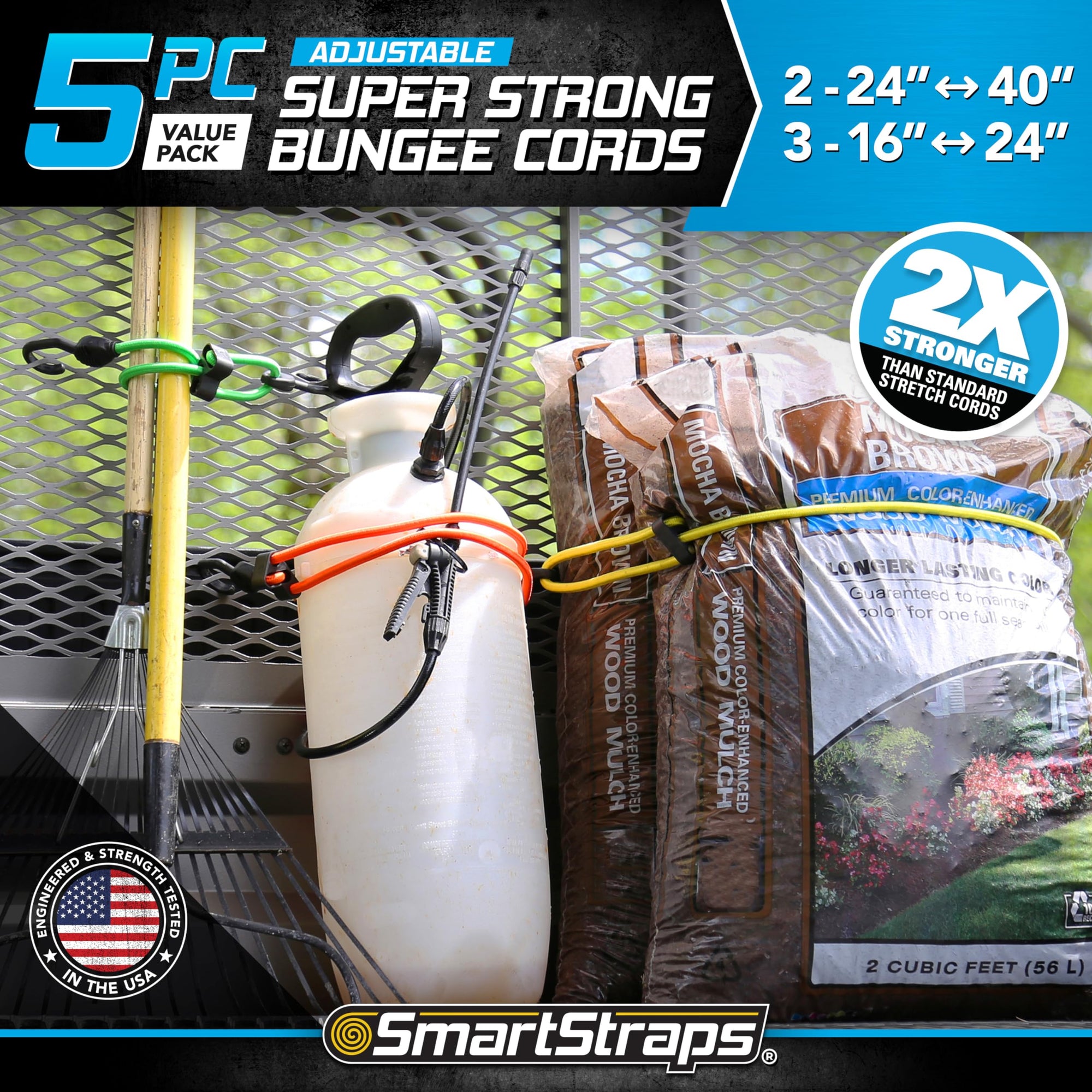 Adjustable SmartStraps Bungee Cords, 5 Piece Value Pack — Bungee Cords Distribute Load To Reduce Slipping — Secure Light Loads Such As Coolers, Luggage and Gas Cans