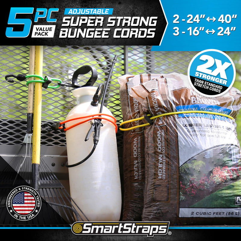 Adjustable SmartStraps Bungee Cords, 5 Piece Value Pack — Bungee Cords Distribute Load To Reduce Slipping — Secure Light Loads Such As Coolers, Luggage and Gas Cans