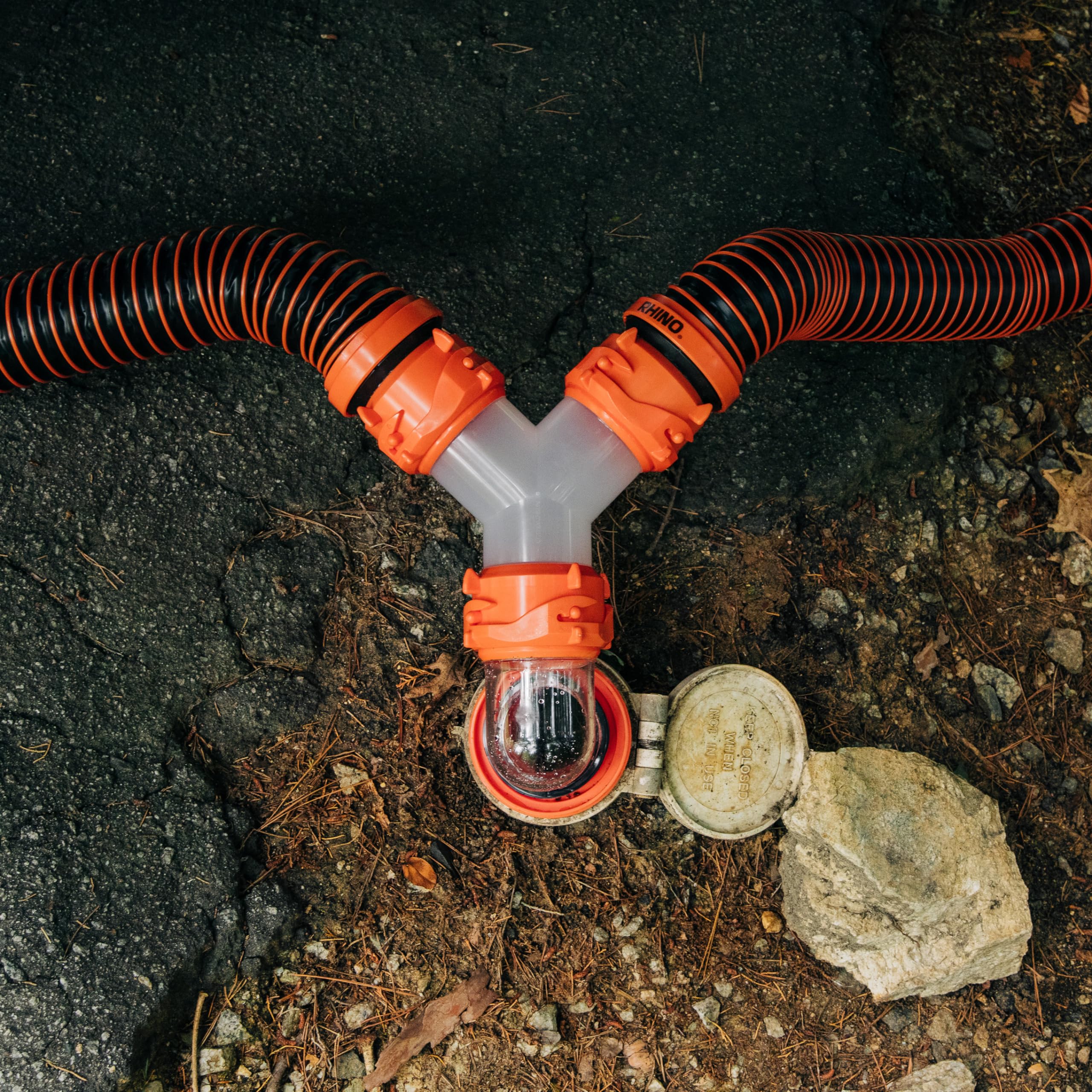 Camco RhinoFlex RV Sewer Hose Elbow Clear with 4-in-1 Adapter - Features a 360-Degree Fitting Rotation and Built-in Gasket for Odor-Tight Protection - Fits 4 Sizes of Dump Station Inlets (39736)