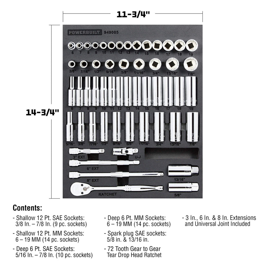 Powerbuilt Ratchet and Socket Tool Set, Extension Bars, Deep and Shallow Sockets, Organizer Tray, Pro Tech Series - 949005, 3/8-Inch, Silver, 54 Piece
