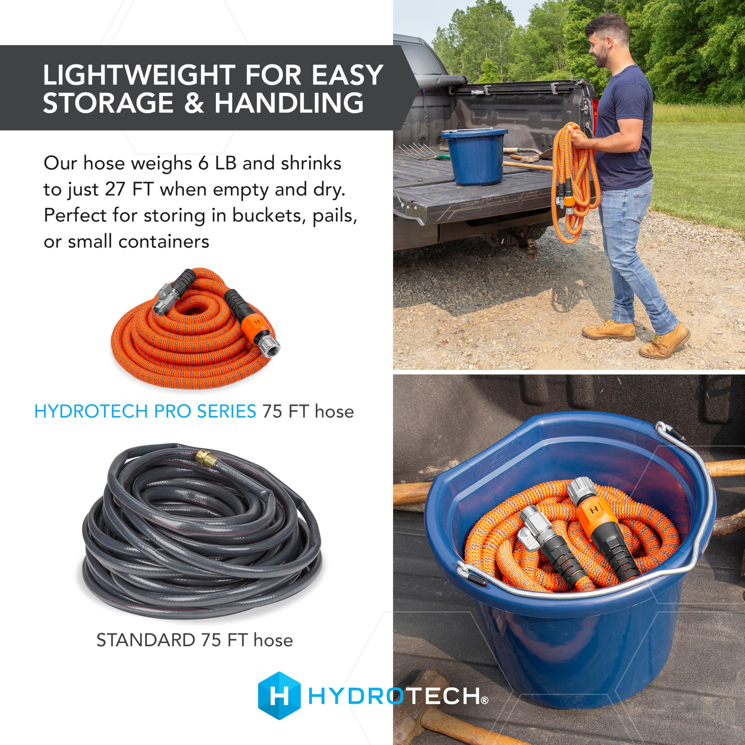 75 ft HydroTech Expandable Garden Hose - Pro Series, 2x Max Flow, 3/4" No-Kink Flexibility, Lightweight Hose for Lawn, Garden, Car Washing, Deck and Patio Cleaning