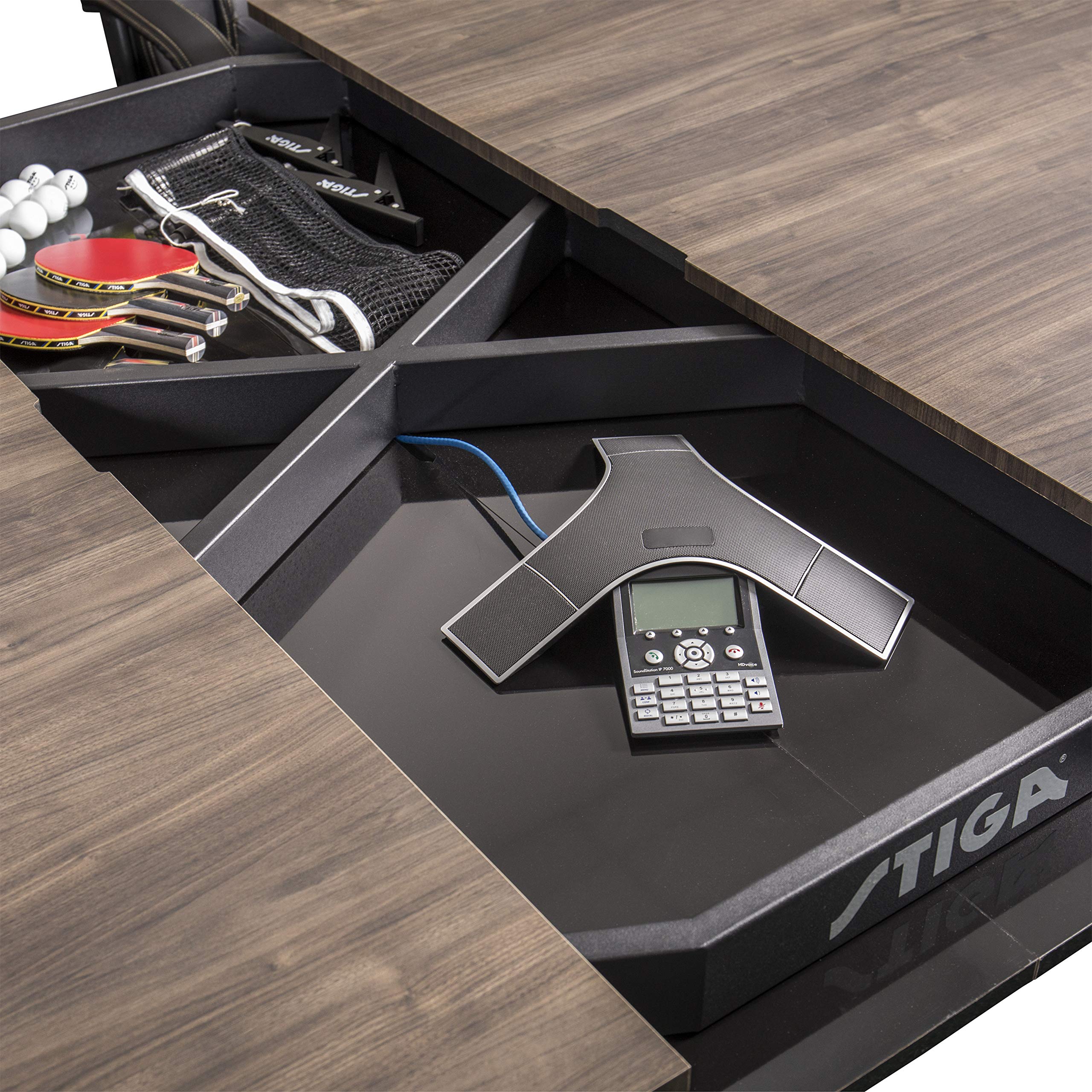 STIGA 3-in-1 Hybrid Dining, Conference and Tennis Table Tennis Table – Black Base with Walnut Finished Top
