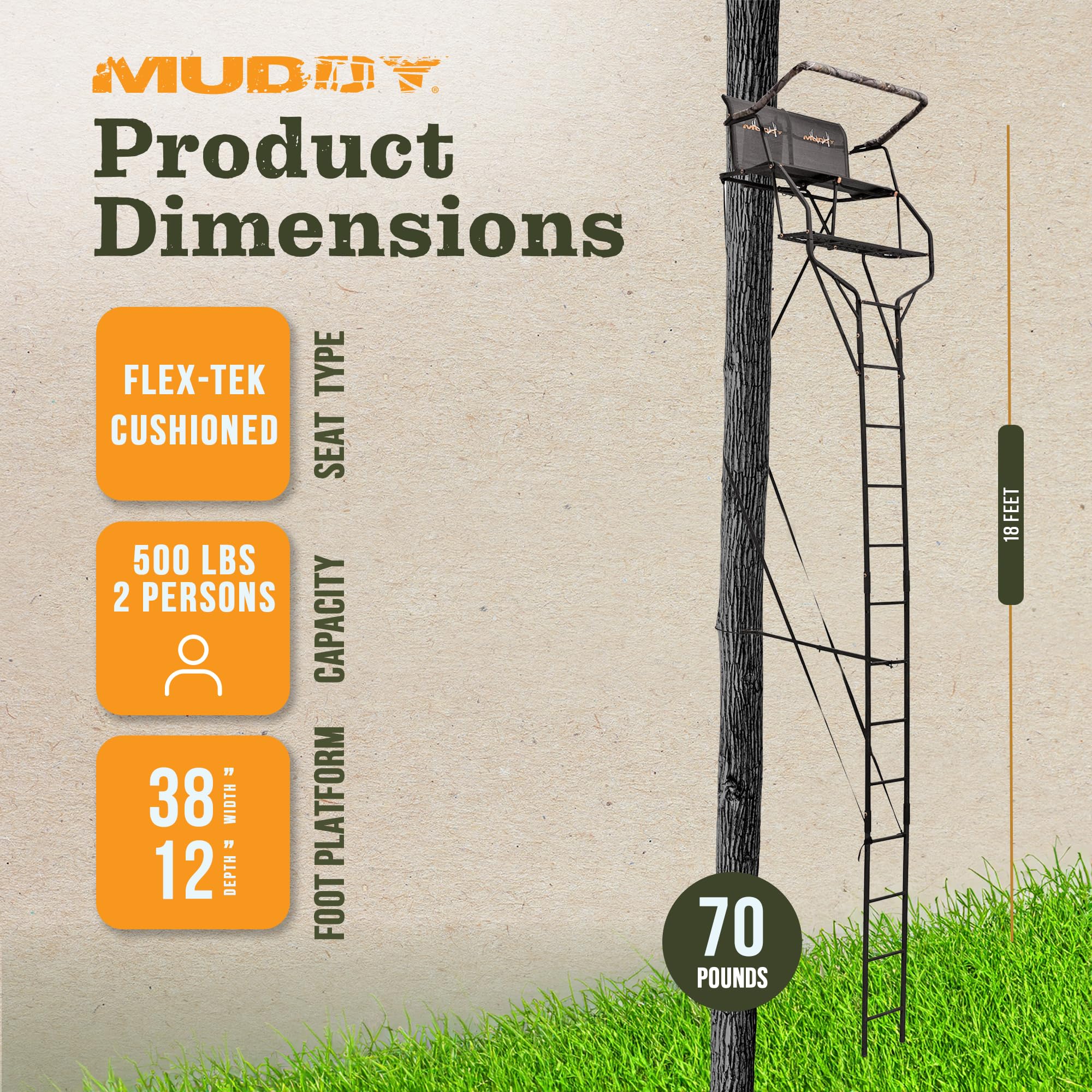 Double Droptine MUDDY Deer Hunting Ladderstand, 2 Person Climbing Tree Stand with Flex-Tek Seat and Padded Adjustable Shooting Rail