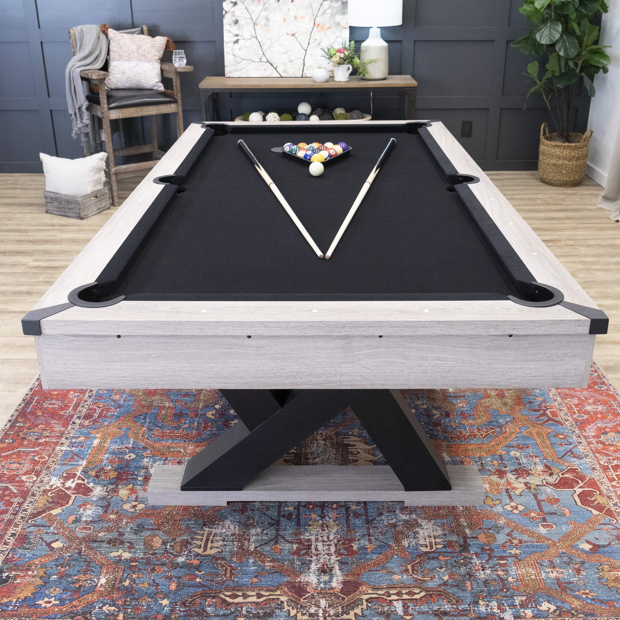 Kirkwood American Legend 90” Billiard Table with Rustic Finish, K-Shaped Legs and Black Cloth, Brown