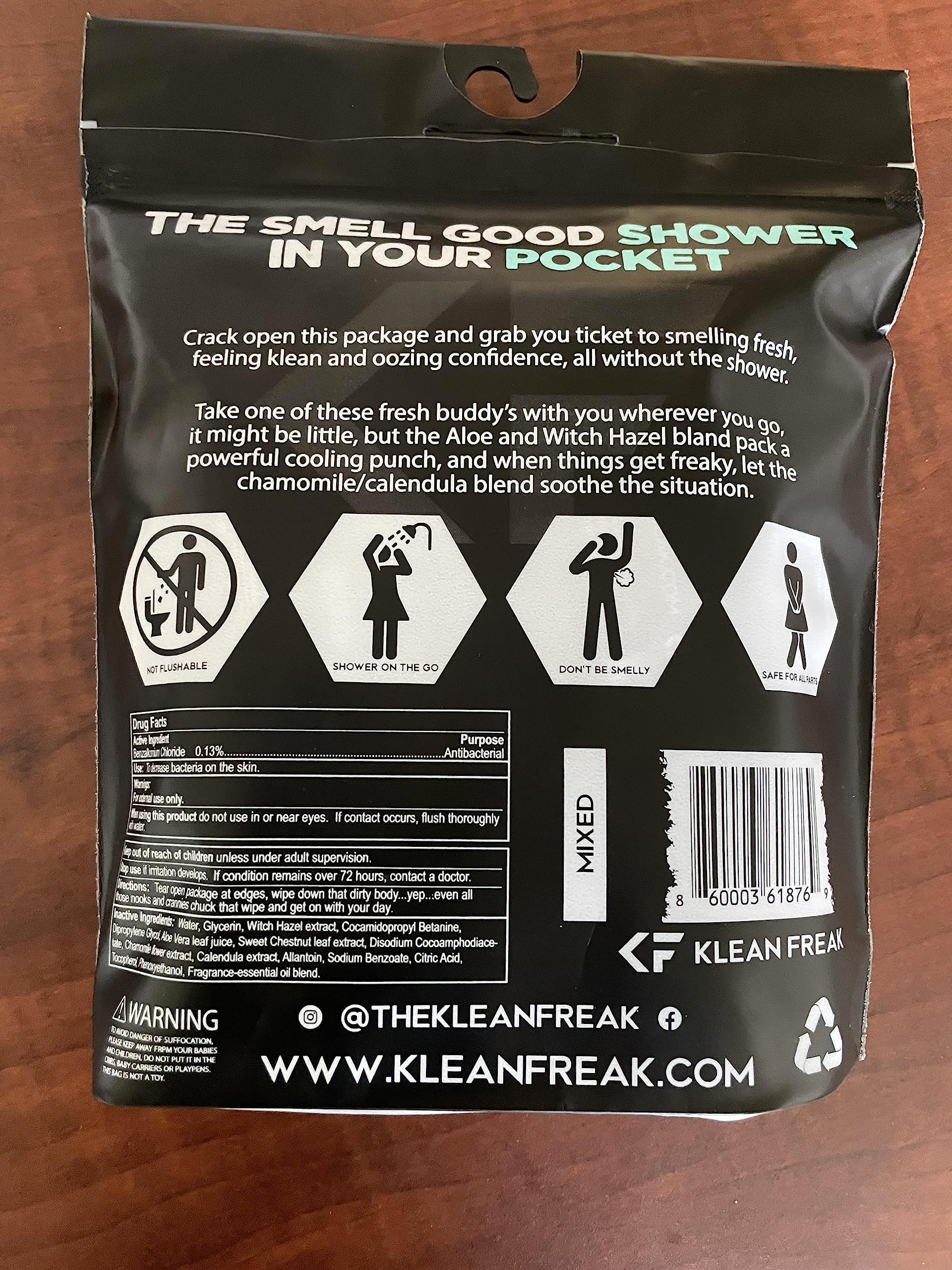 The Body Wipes Klean Freak - 12 count Individually Wrapped | Showerless Body Wipe for Women & Men | Sustainable Bodywipes for Gym, Travel, Camping | Peppermint
