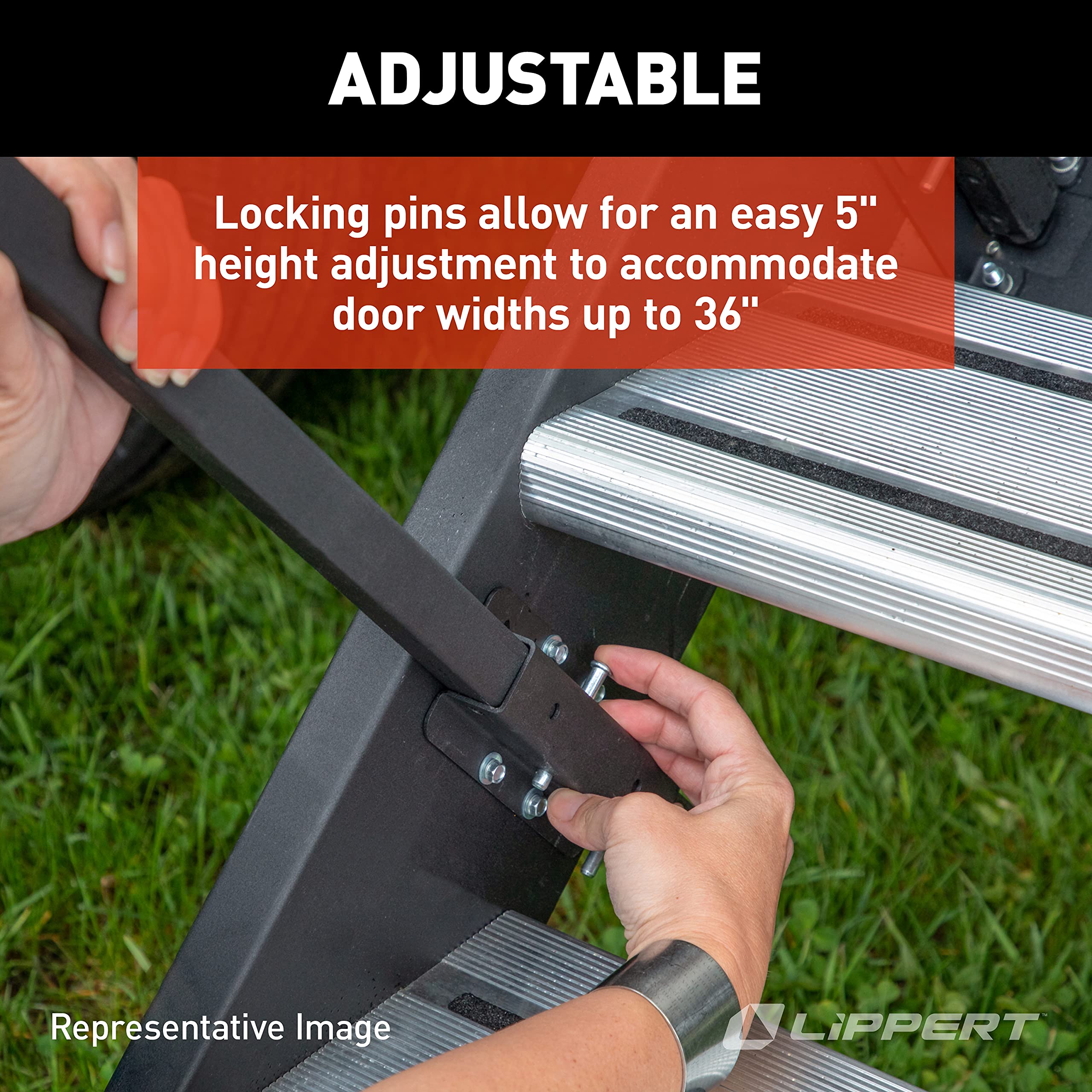 Lippert Entry Assist Handrail Solid Step, Accommodates Door Widths up to 36”, Easy Installation, Locking Pins for 5” Adjustment, for 5th Wheel RVs, Travel Trailers, Motorhomes - 799640, Black