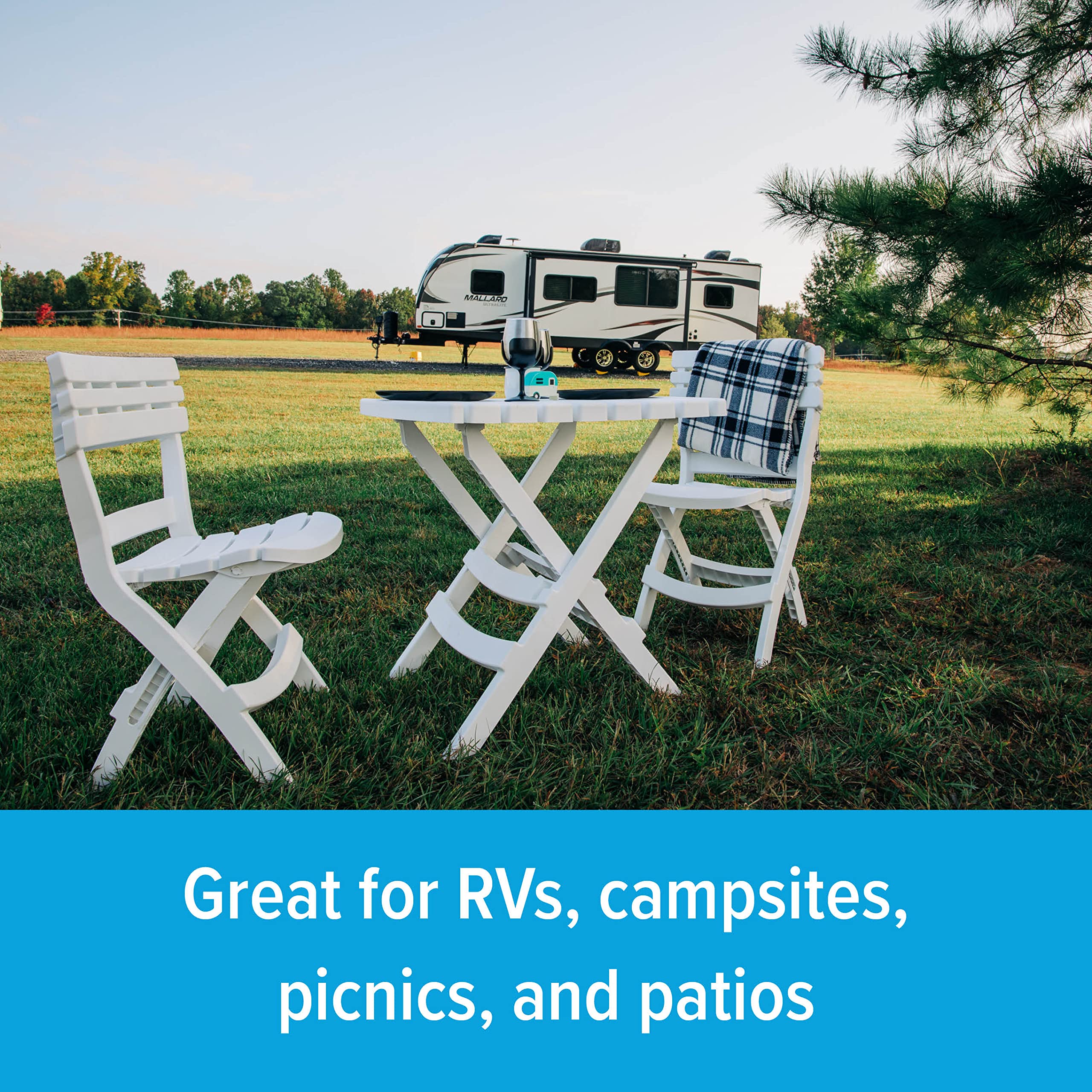 Camco Table and Chair Outdoor Set | Features Foldable Design for Compact RV Storage and Organization | Great for Camping, Events, Patios, and More | No-Tool Assembly | 3-Piece, White (51640)