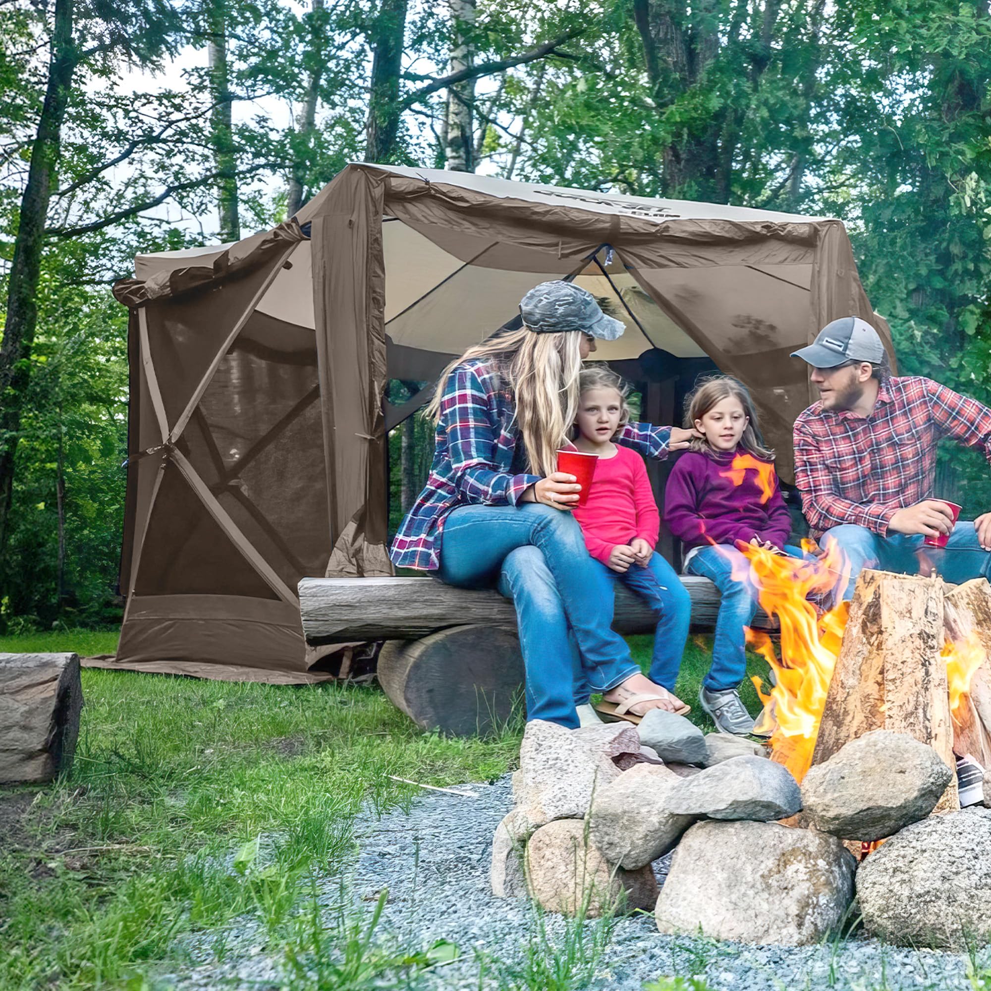 Clam Quick-Set Pop Up Screen Tent & Shelter, Outdoor Camping Gazebo Canopy, 12.5', Brown