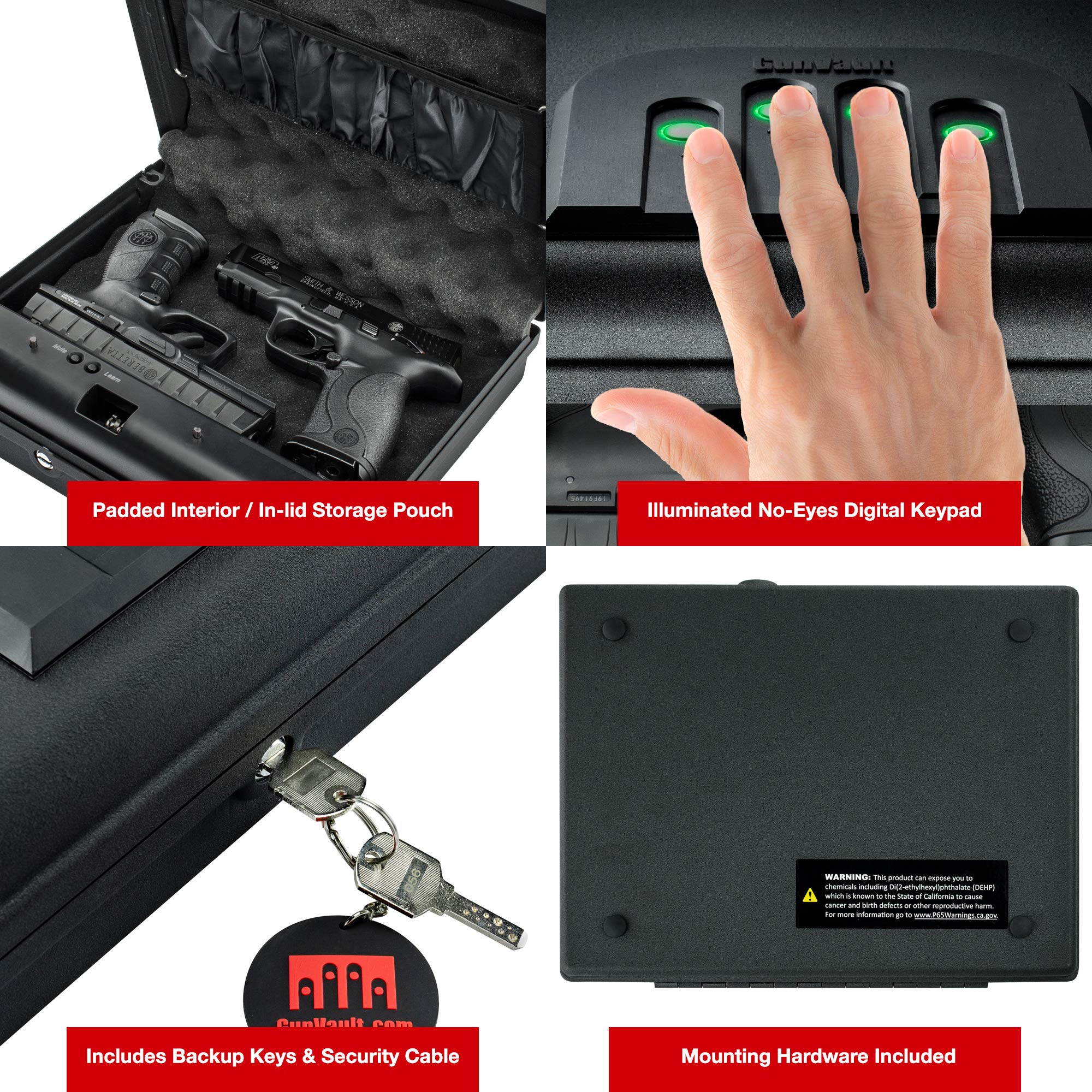 GunVault Portable MicroVault XL Handgun Safe with Patented No-Eyes Keypad and Security Cable (2 Pistol Capacity)