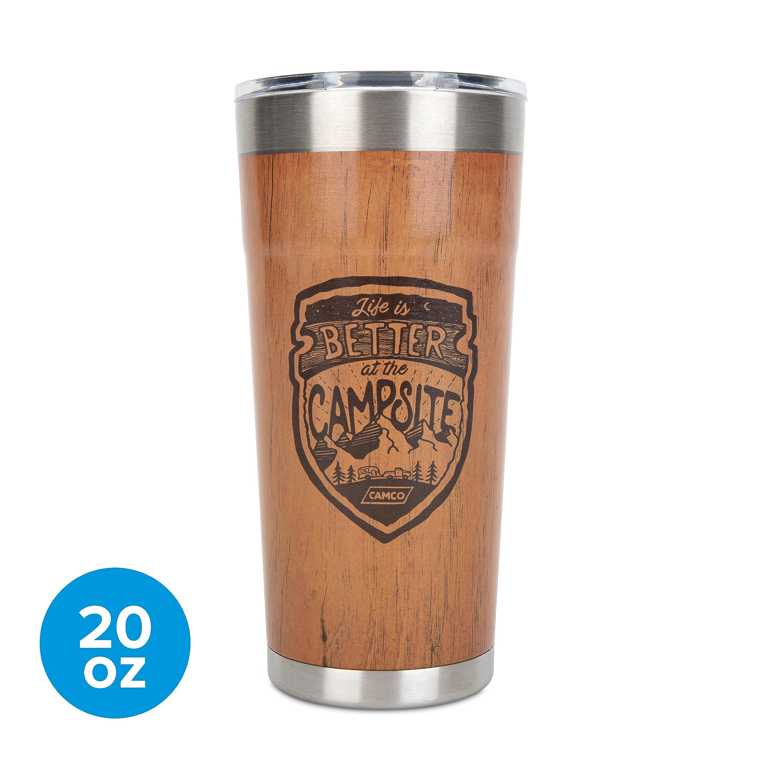 Wrapped Stainless Steel Tumbler Camco Life is Better at The Campsite - Features Double Wall Vacuum Insulation for Heat/Ice Retention & Unique Wood Grain Design - Holds 20 oz. (53327)