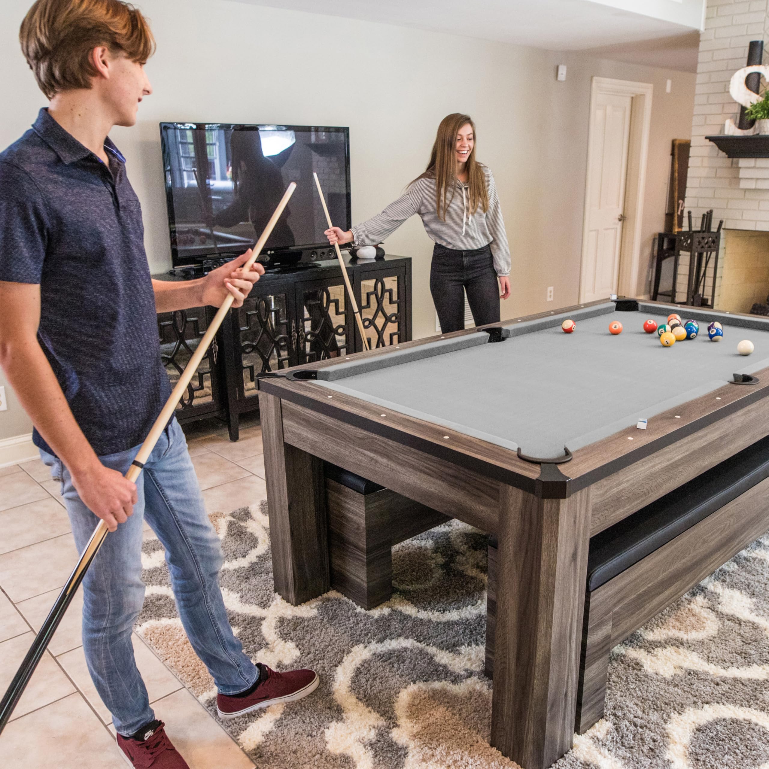 Hampton Atomic 3-in-1 Combo Table - Billiards, Ping Pong, and Dining Table All-In-One - Instant Transformation - Premium Black Felt - XL Bench Storage for All Accessories - Modern Design
