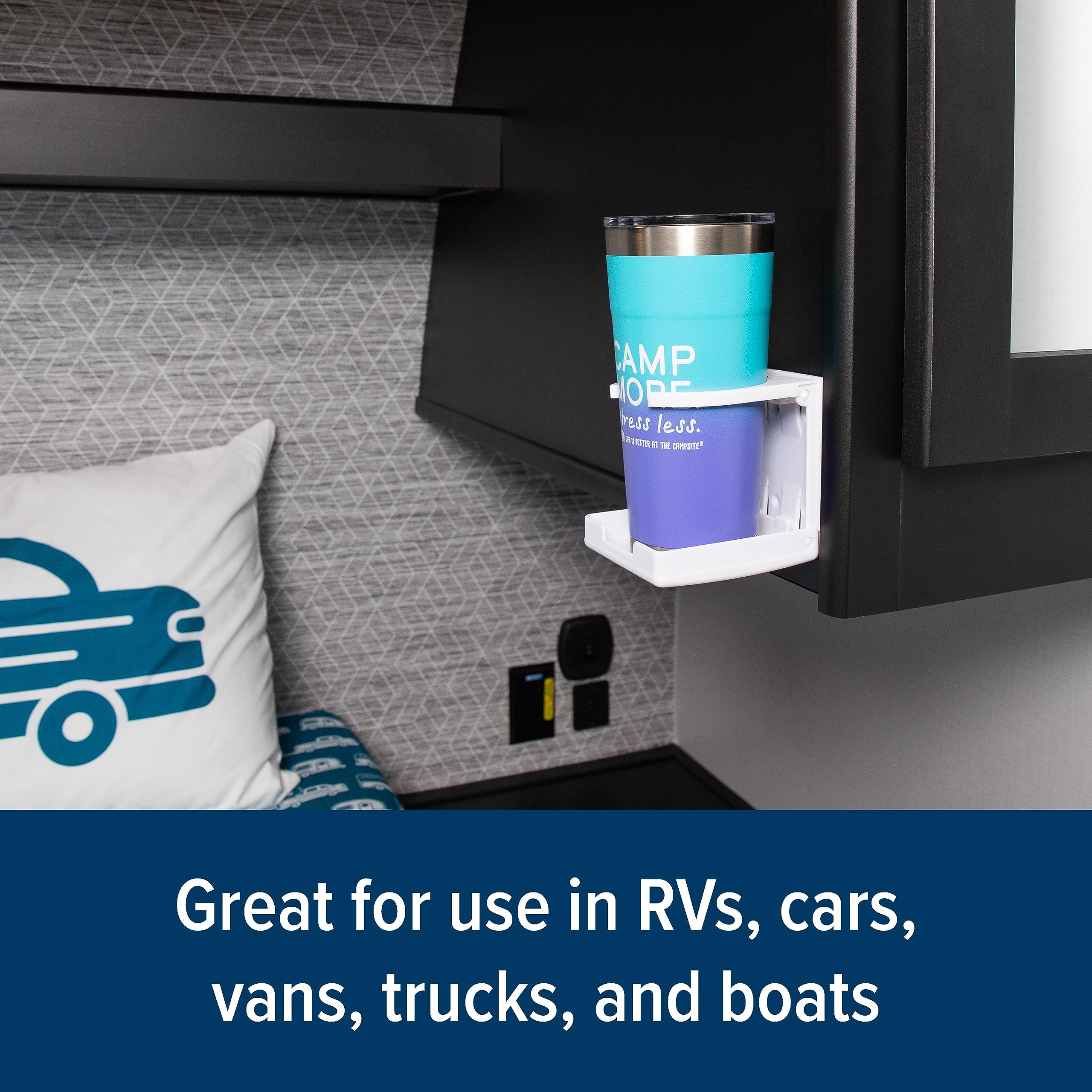 Camco Drink Holder Camper/RV - Features Adjustable Space-Saving Design & Holds Almost Any Size Mug, Cup, Bottle or Can - Extra Cup Holder for Cars, Trucks, RVs, Vans, Boats, and More - White (44040)