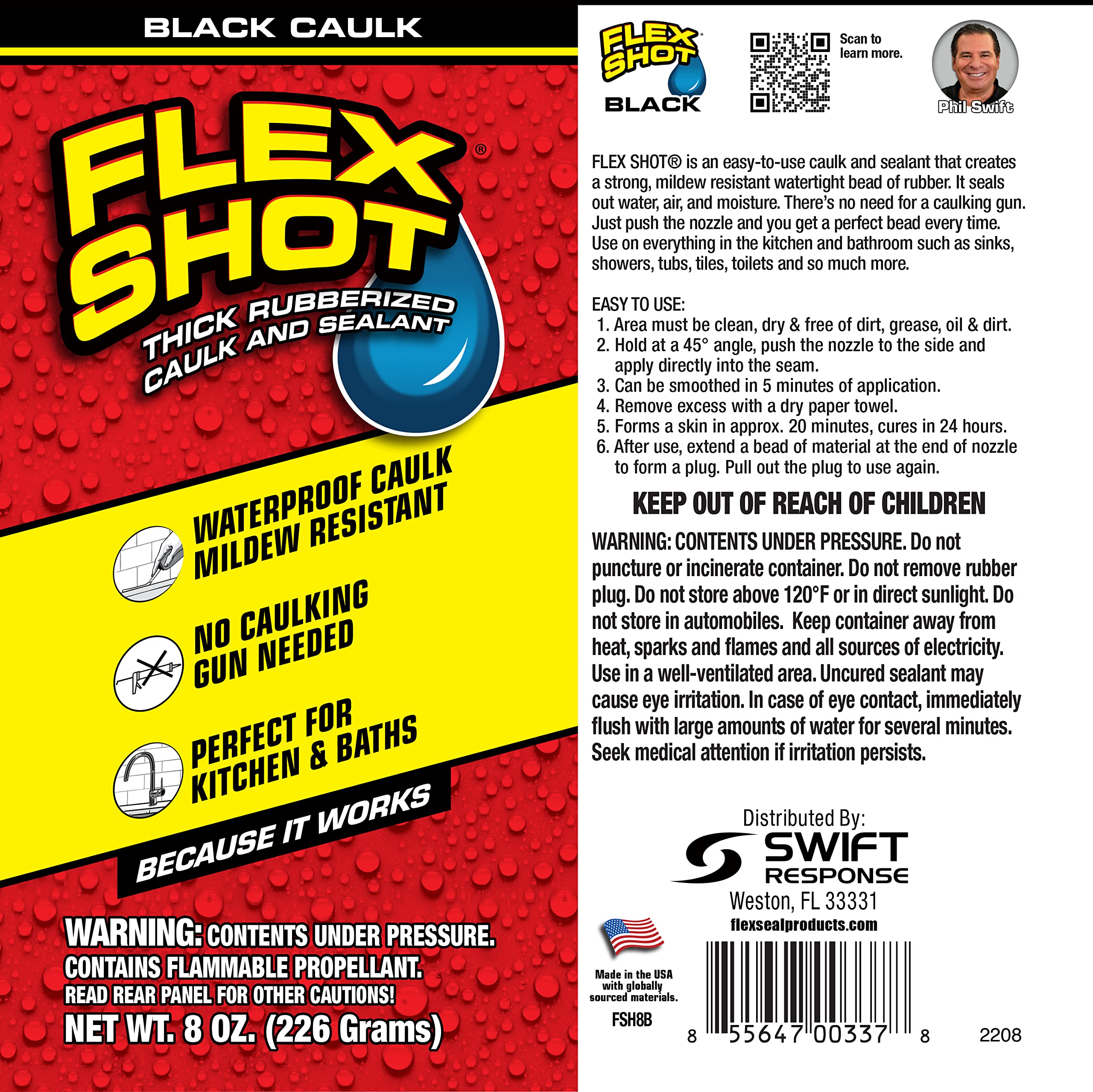 Flexible Rubber Silicone Sealant, Flex Shot, Waterproof Caulk, UV Resistant, No Caulk Gun Needed, Perfect for Kitchen, Bath, Showers, Sinks, Baseboards, Black, 8oz, 1-Pack