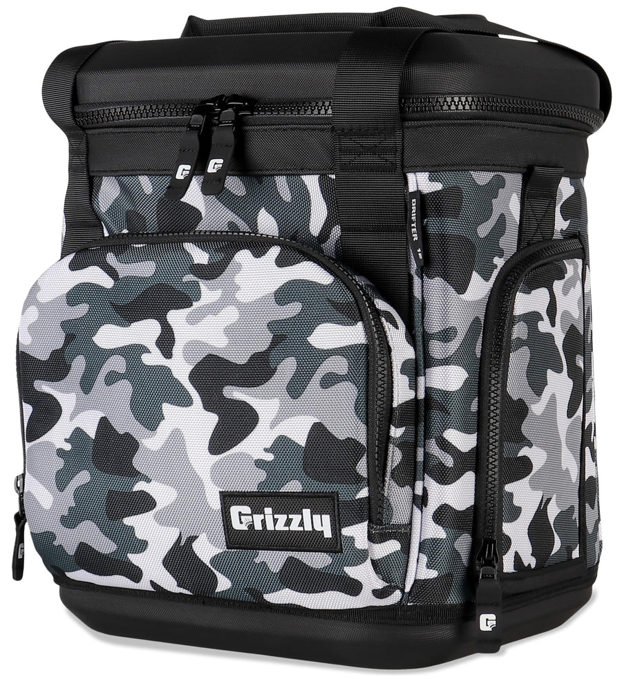 12 Grizzly Drifter Soft Sided Cooler |12 qt Flip-Top Soft Top Cooler | Ice Chest for Beach Boat Camping Fishing Golf Hiking Hunting | Lightweight Portable Insulated Waterproof | White Bubble Snow Camo