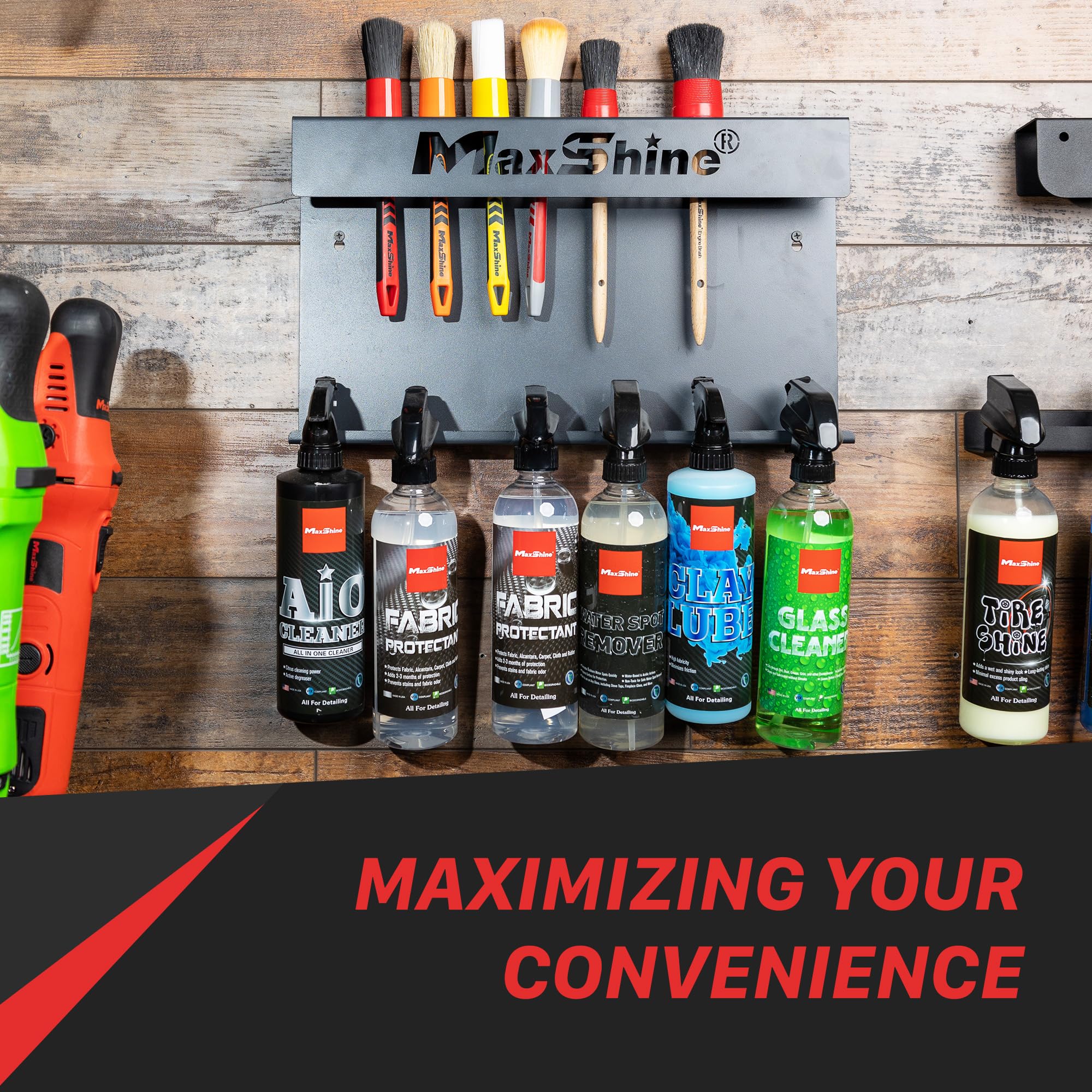 Maxshine Brush & Trigger Bottle Holder H06 Universal | Wall-Mount Organizer Holds 10 Brushes & 6 Spray Bottles | Black Powder-Coated Iron Rack for Garage, Auto Detailing Shop & Car Care Storage