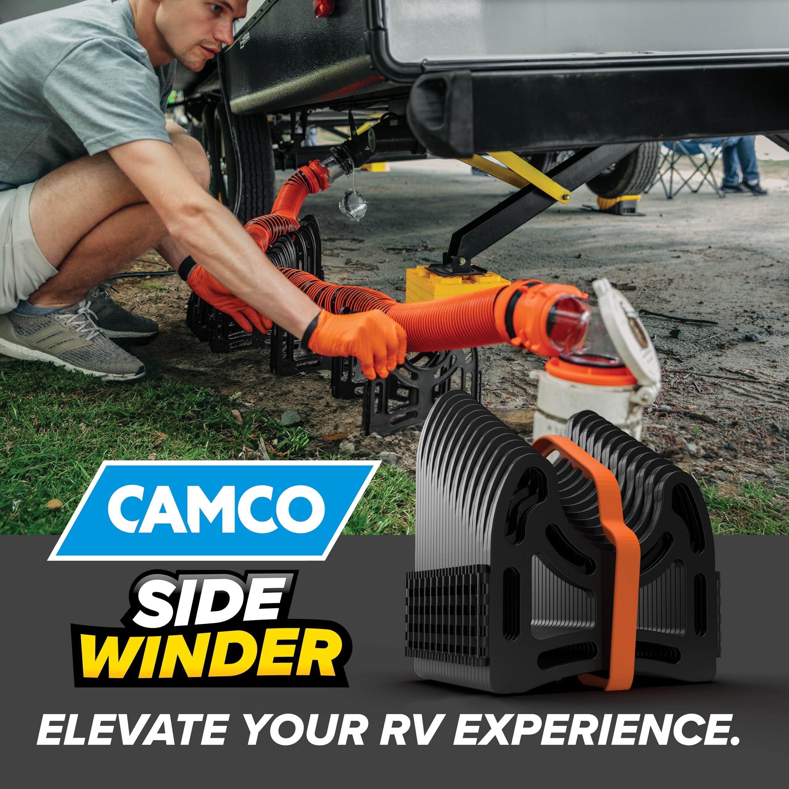 Camco 10-Ft Sidewinder RV Sewer Hose Support - Features Flexible Telescoping Design for Avoiding Obstacles & Deep Cradles Secure RV Sewer Hose - Out-of-the-Box Ready & Folds for RV Storage (43031)