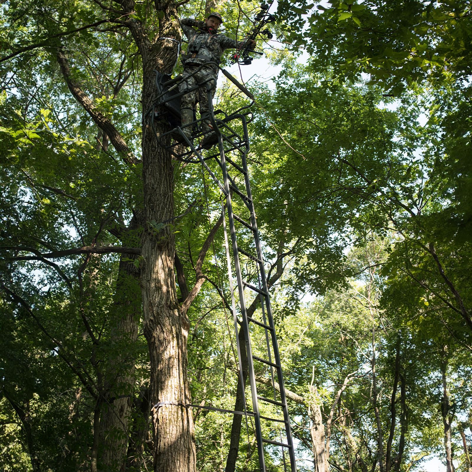 Sasquatch 21' Hawk 1.5-Man Ladder Stand | Durable Hunting Archery Steel 1 Person Tree Stand with Flip Up Chair, Hercules Cross Grip Safety System