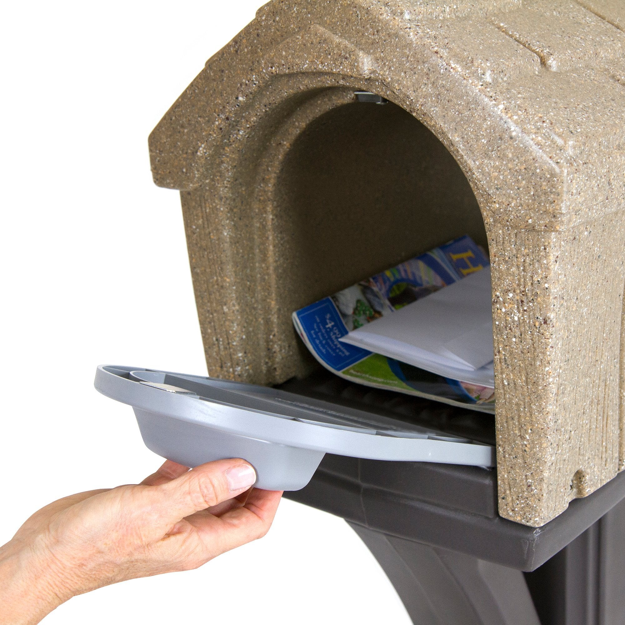 Simplay3 Cabin Rustic Home Plastic Residential Mailbox & Post Mount Combo Kit with 2 Access Doors - Sandstone, Made in USA