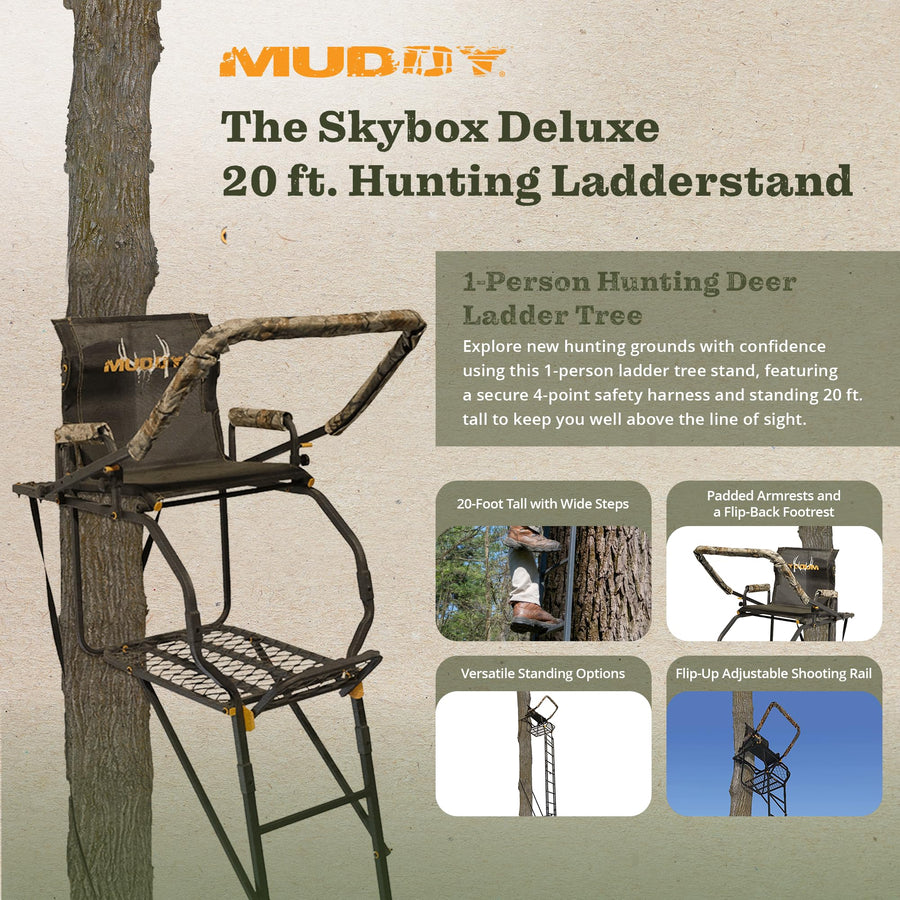 Muddy Skybox Deluxe 1-Person Steel Ladder Tree Stand, 20 ft Tall, 350 lb Capacity - Heavy-Duty Hunting Treestand with Flex-Tex Seat, Safety Harness, Adjustable Shooting Rail & Flip-Back Footrest